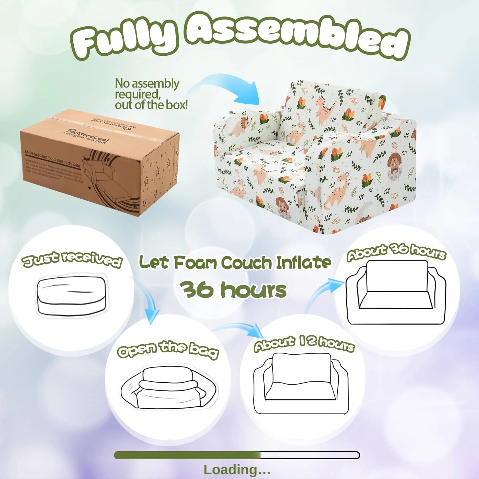 This Glowsofa's kids sofa with Dinosaur patterns no assembly required and can be returned to its original state after being received and left open for 36 hours