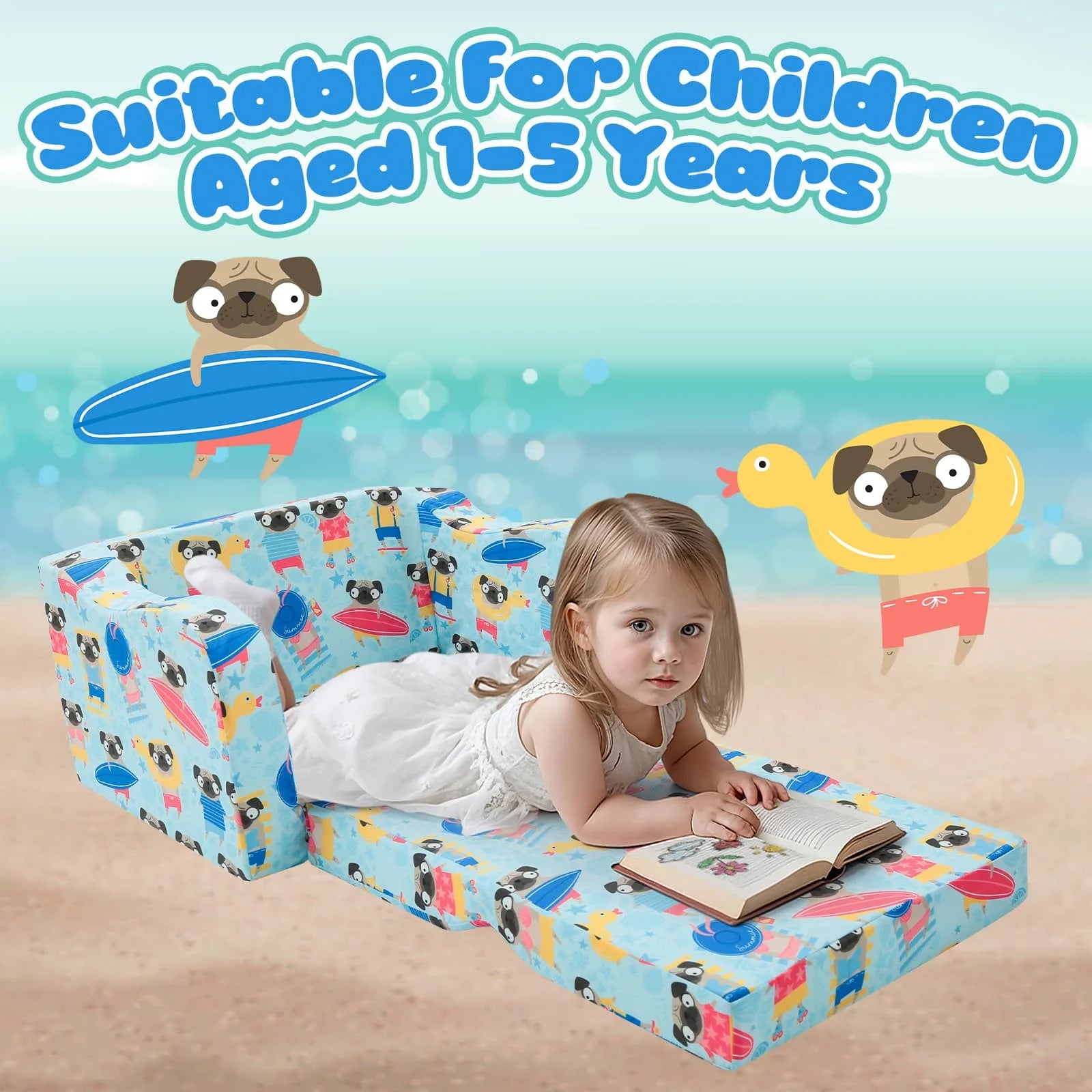 The Glowsofa's fold out chair bed with Dog patterns Suitable for 1 to 5 year olds