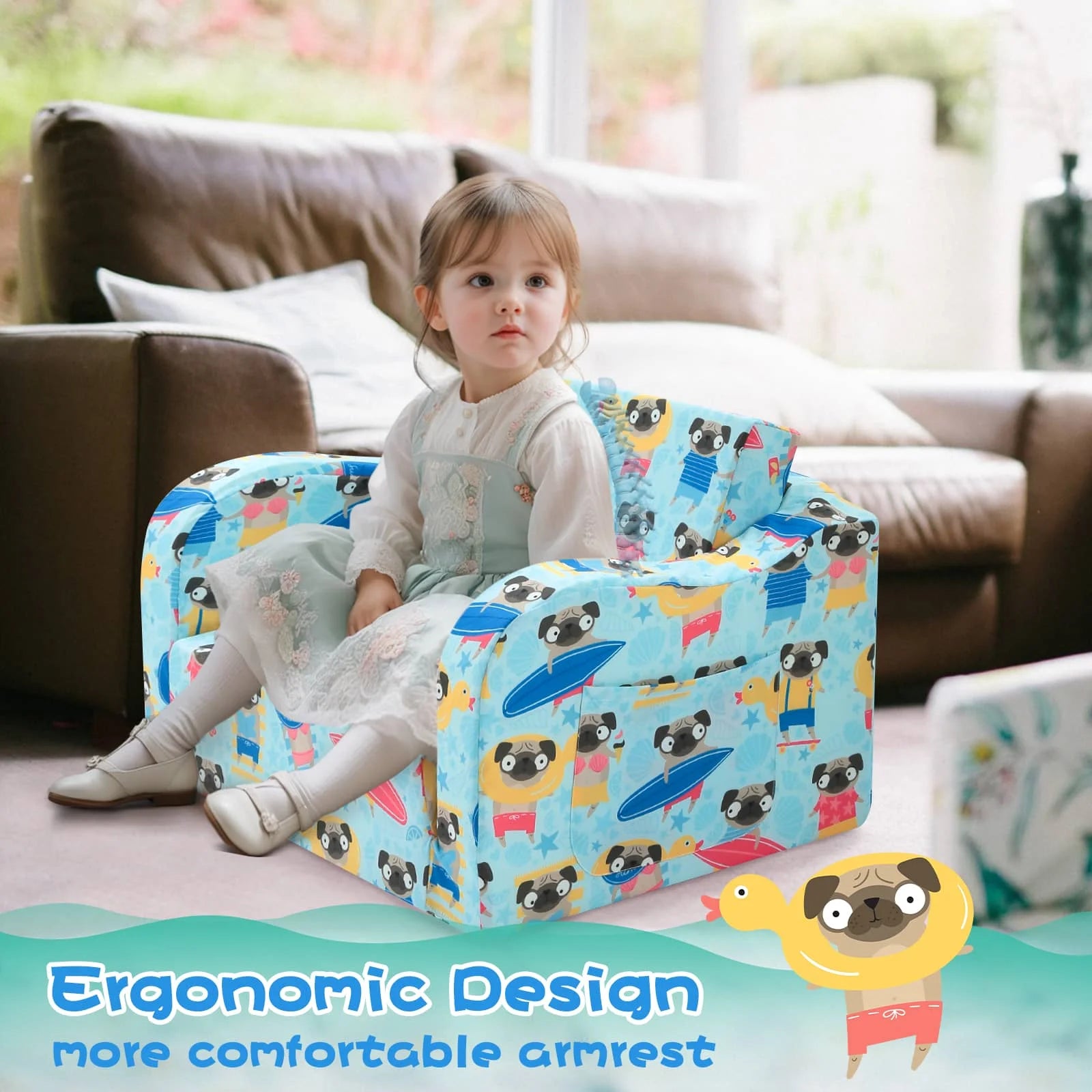 Girl sitting on Glowsofa's children's couch chair with Dog patterns with armrests 