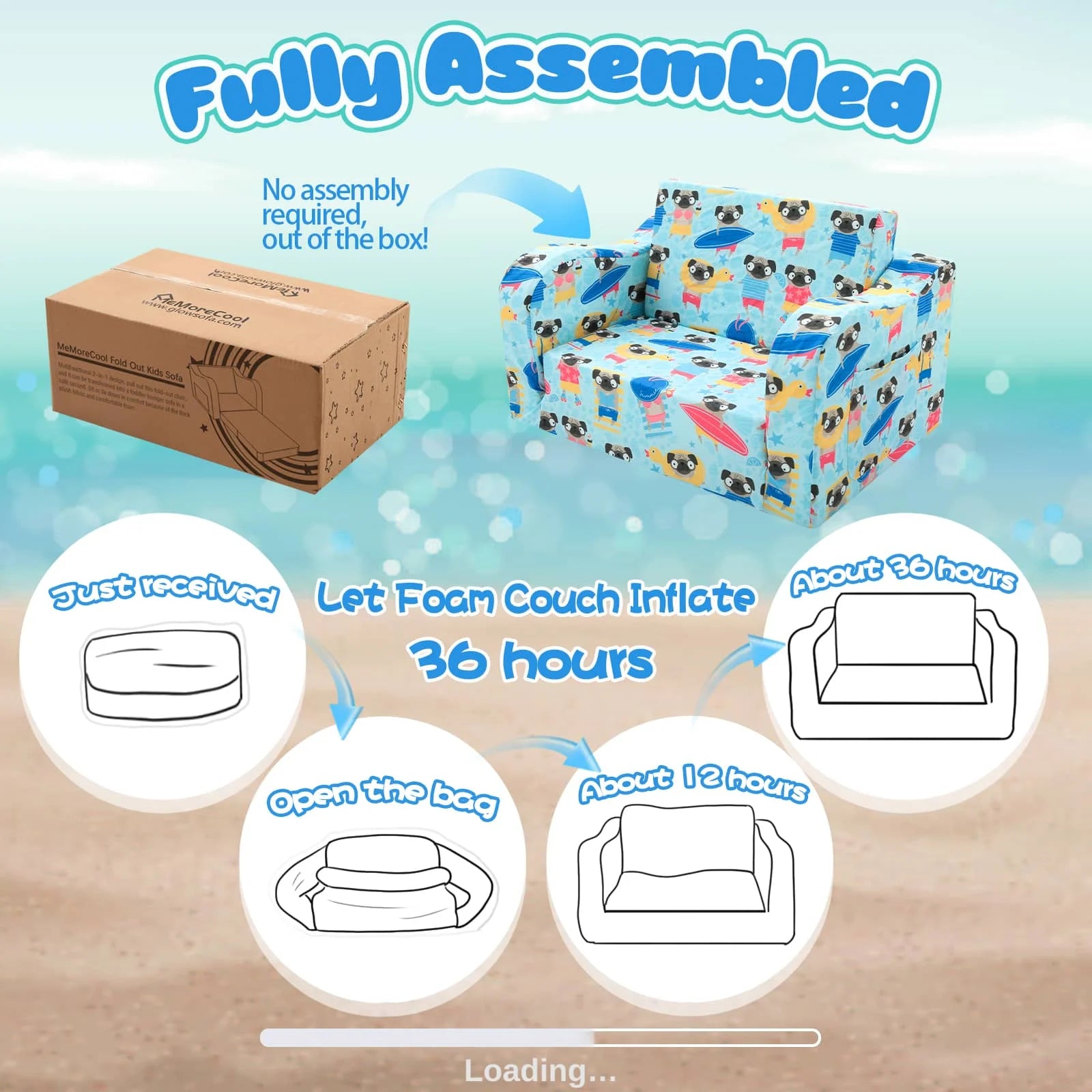 This Glowsofa's kids sofa with Dog patterns no assembly required and can be returned to its original state after being received and left open for 36 hours