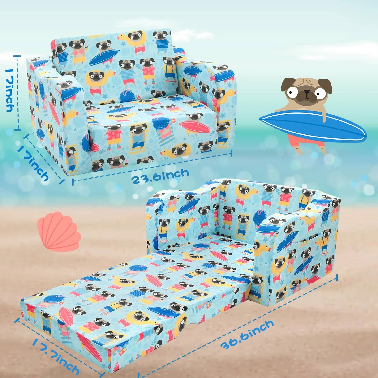 This kids pull-out couch with Dog patterns is 23.6 x 17 x 17 inches, unfolded kids sofa bed is 36.6 x 17.7 x 12 inches