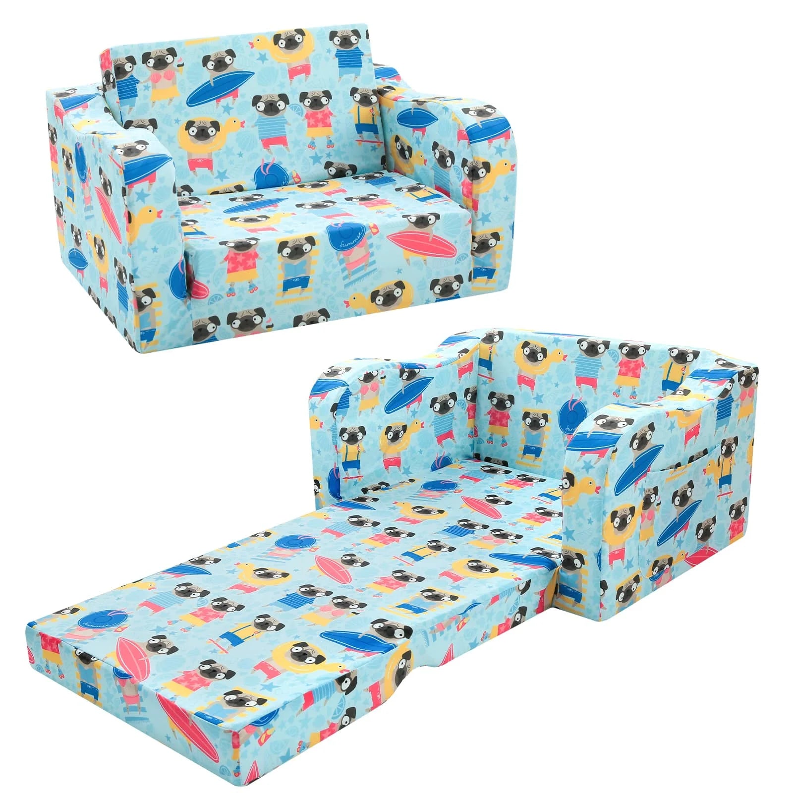Glowsofa's Children's fold out sofa with Dog patterns unfolded and folded under