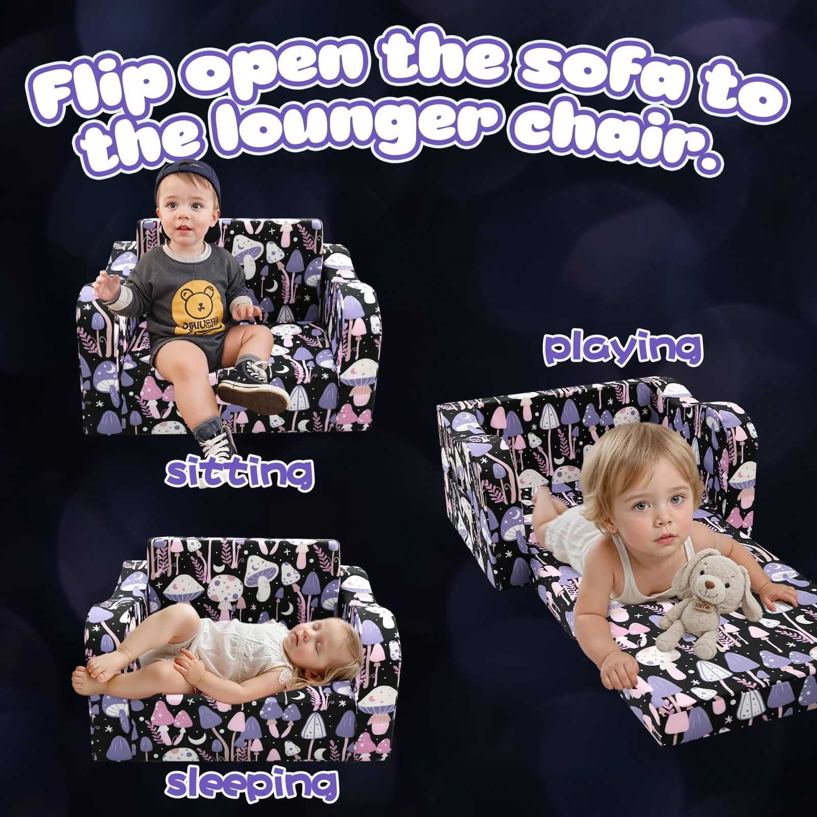 Glowsofa's children's couch chair with Mushroom patterns unfolds to become a lounger chair.