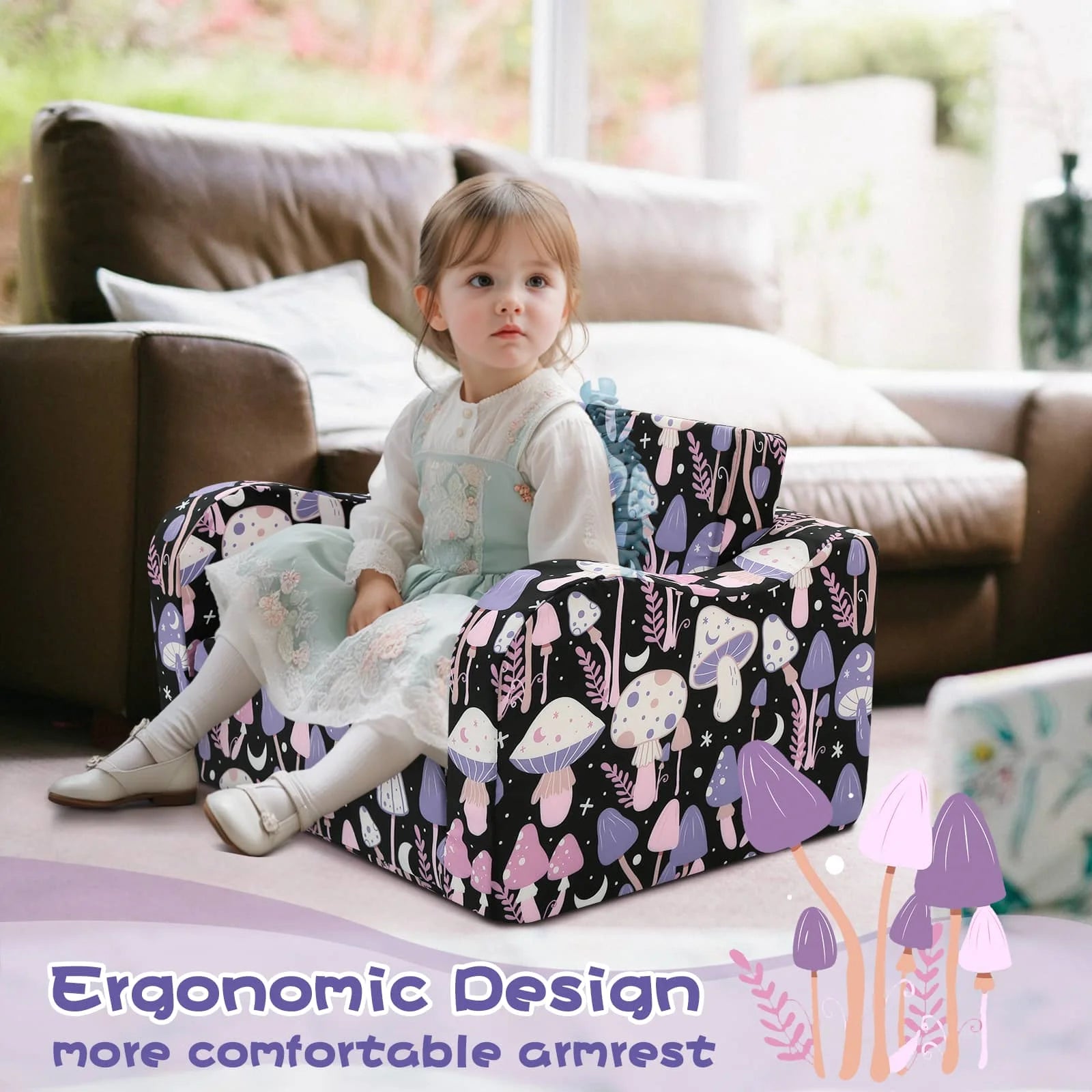 Girl sitting on Glowsofa's children's couch chair with Mushroom patterns with armrests 