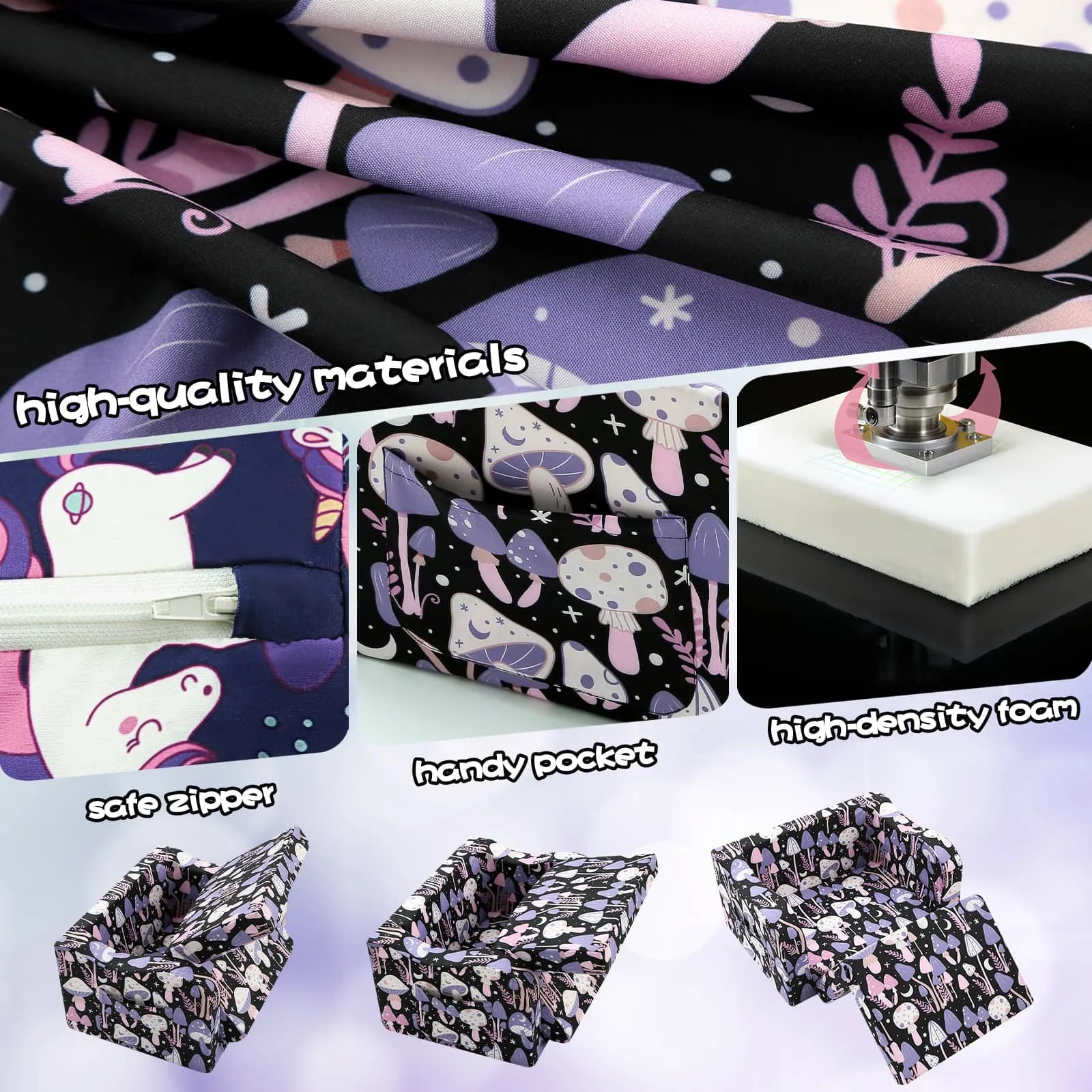 Glowsofa's children's couch chair with Mushroom patterns has sate zipper, handy pocket, high density foam