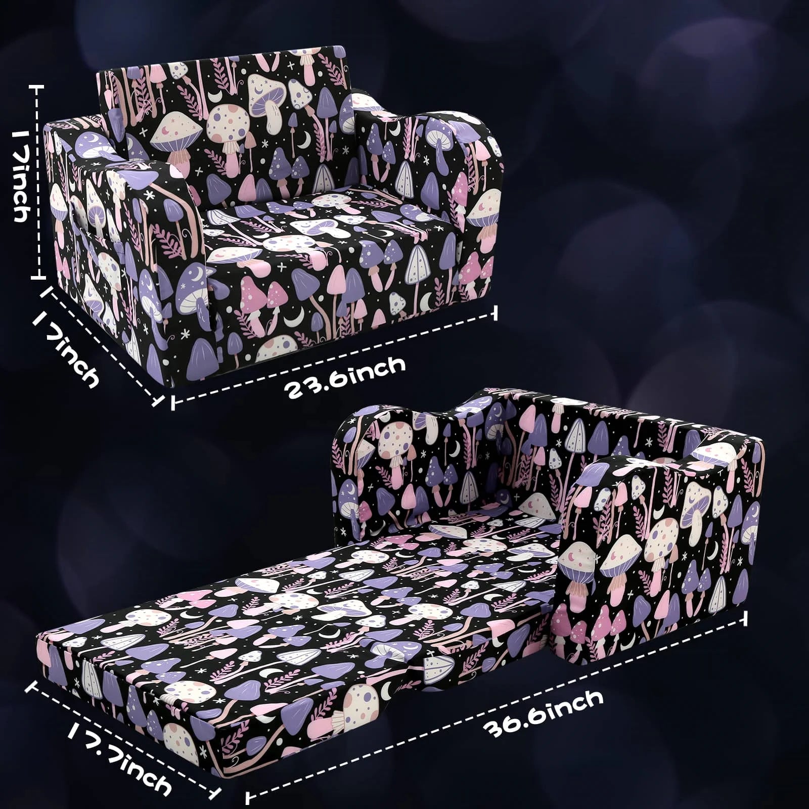 This kids pull-out couch with Mushroom patterns is 23.6 x 17 x 17 inches, unfolded kids sofa bed is 36.6 x 17.7 x 12 inches