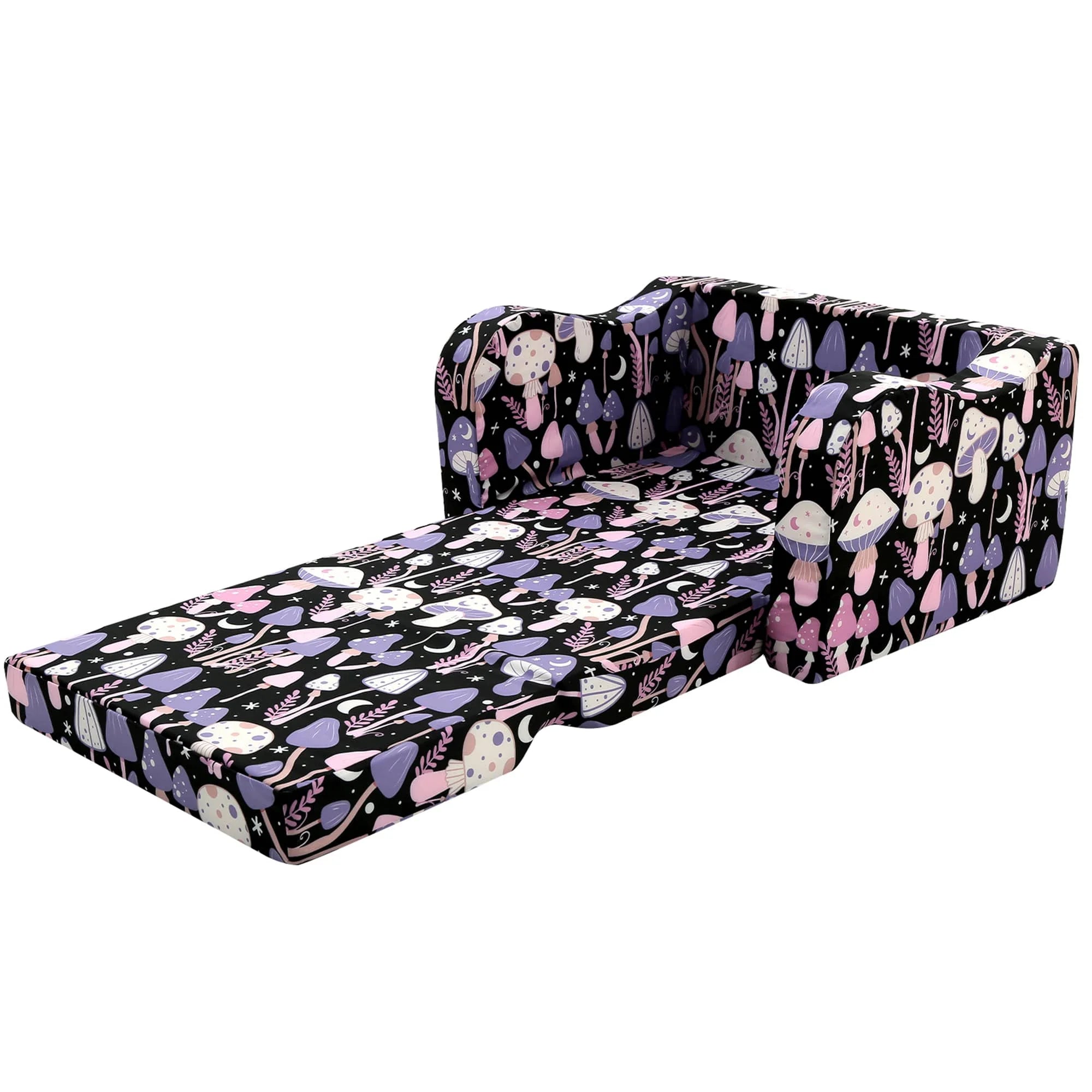 Expanded Glowsofa's Children's fold out sofa with Mushroom patterns