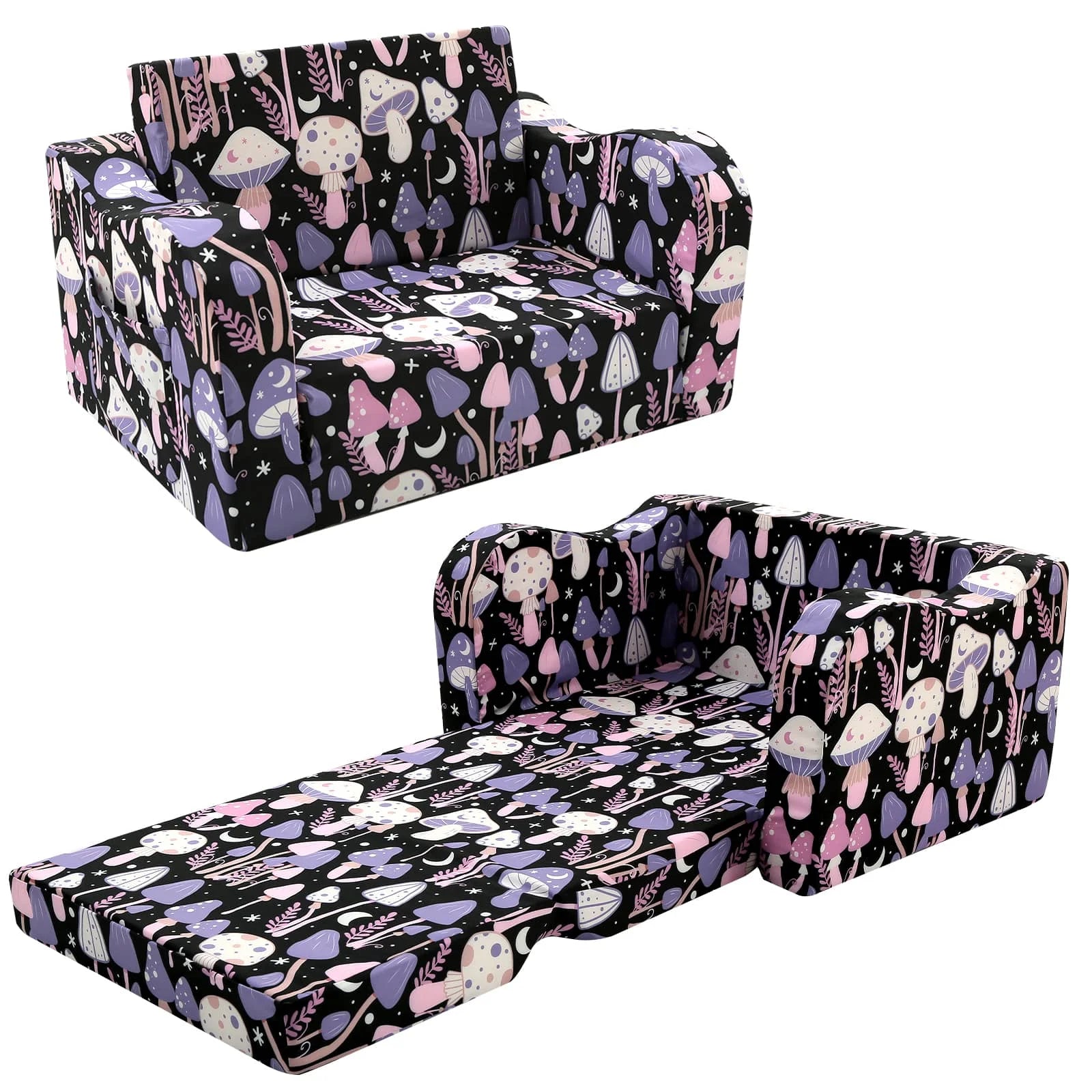 Glowsofa's Children's fold out sofa with Mushroom patterns unfolded and folded under