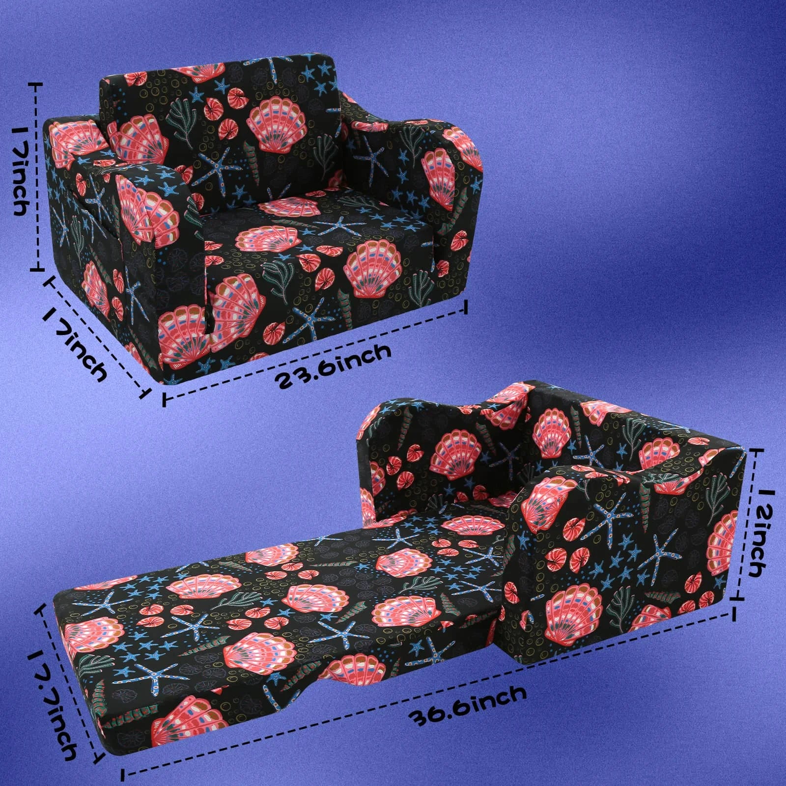 This kids pull-out couch with Seashell patterns is 23.6 x 17 x 17 inches, unfolded kids sofa bed is 36.6 x 17.7 x 12 inches