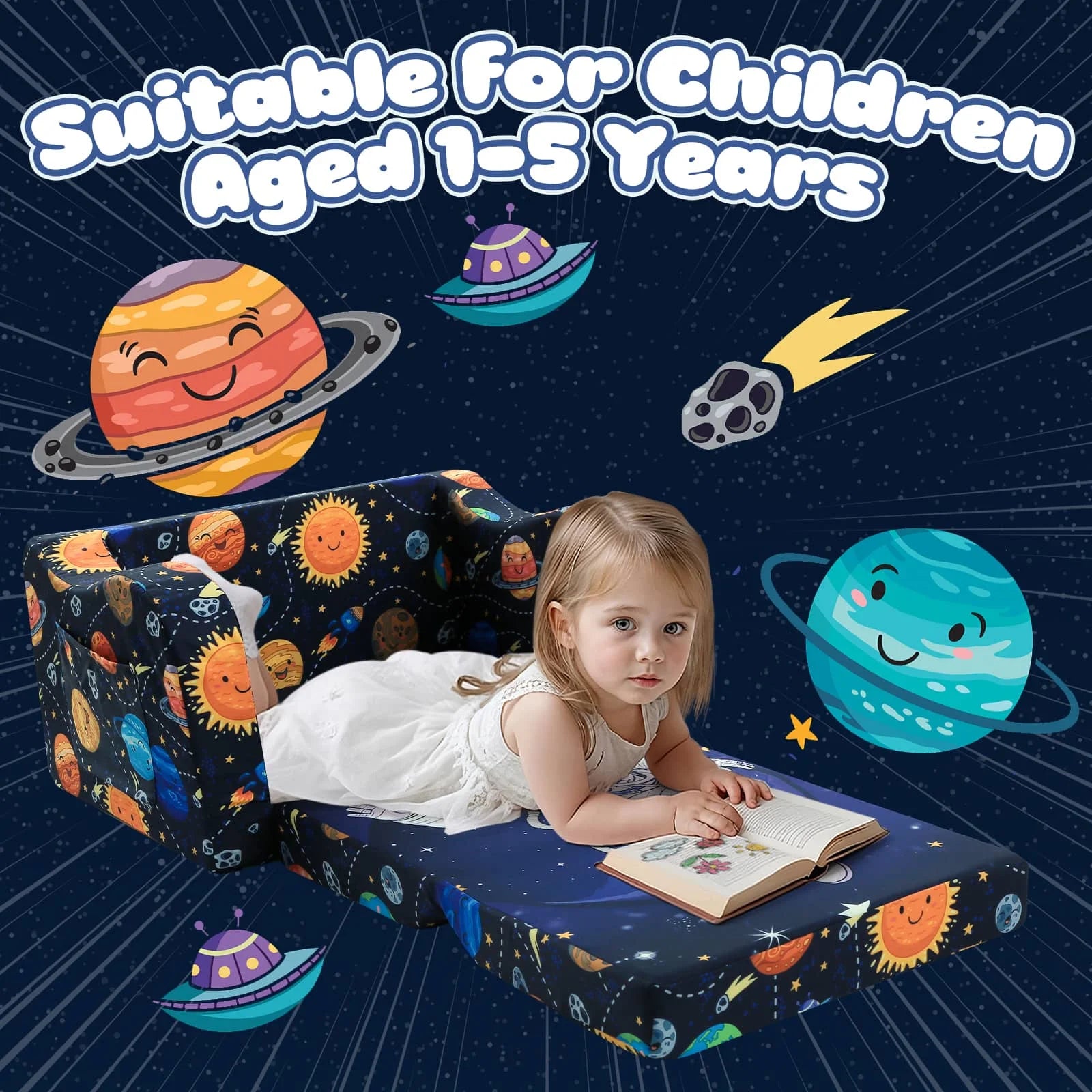 The Glowsofa's fold out chair bed with Astronaut patterns Suitable for 1 to 5 year olds