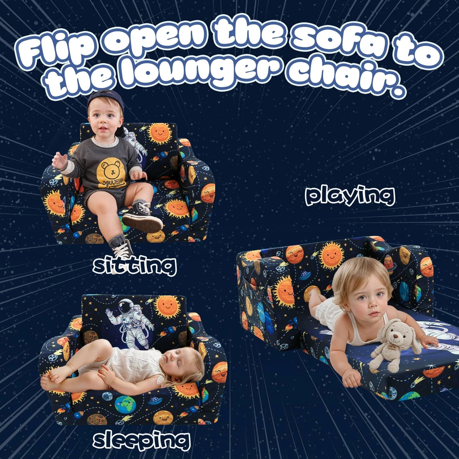 Glowsofa's children's couch chair with Astronaut patterns unfolds to become a lounger chair.
