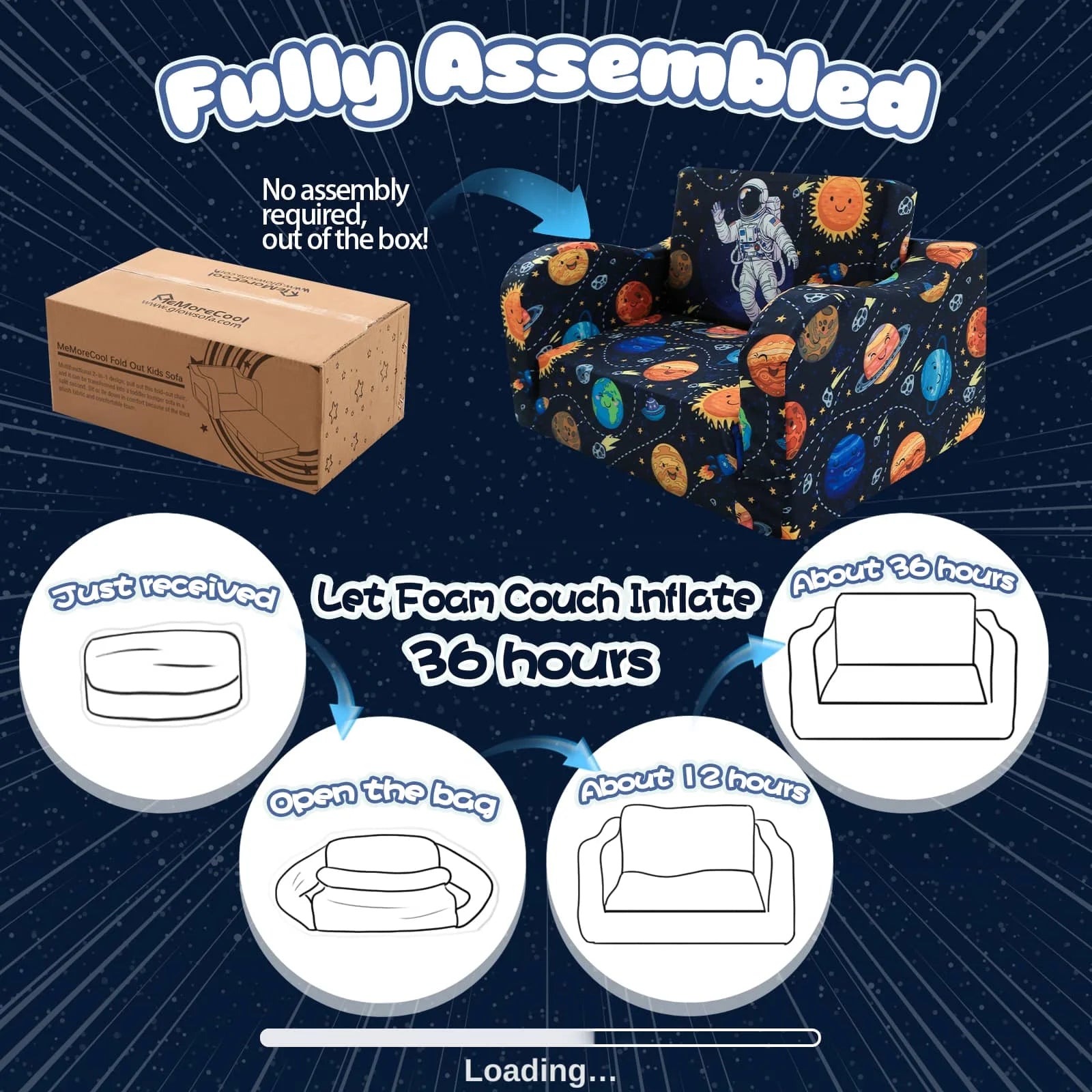 This Glowsofa's kids sofa with Astronaut patterns no assembly required and can be returned to its original state after being received and left open for 36 hours