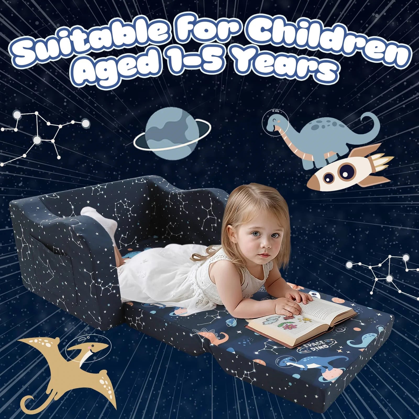 The Glowsofa's fold out chair bed with Space Dinosaur patterns Suitable for 1 to 5 year olds