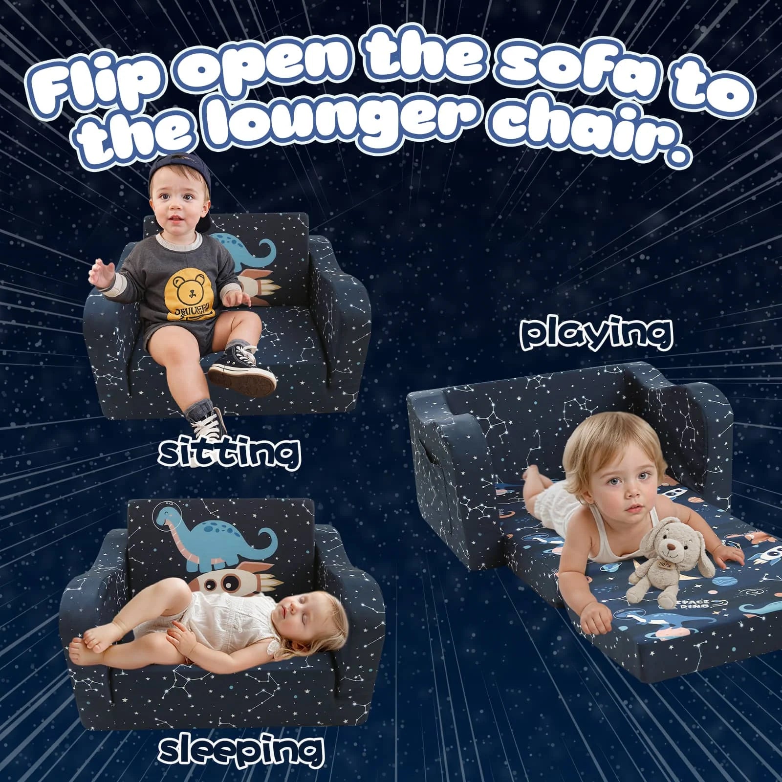 Glowsofa's children's couch chair with Space Dinosaur patterns unfolds to become a lounger chair.