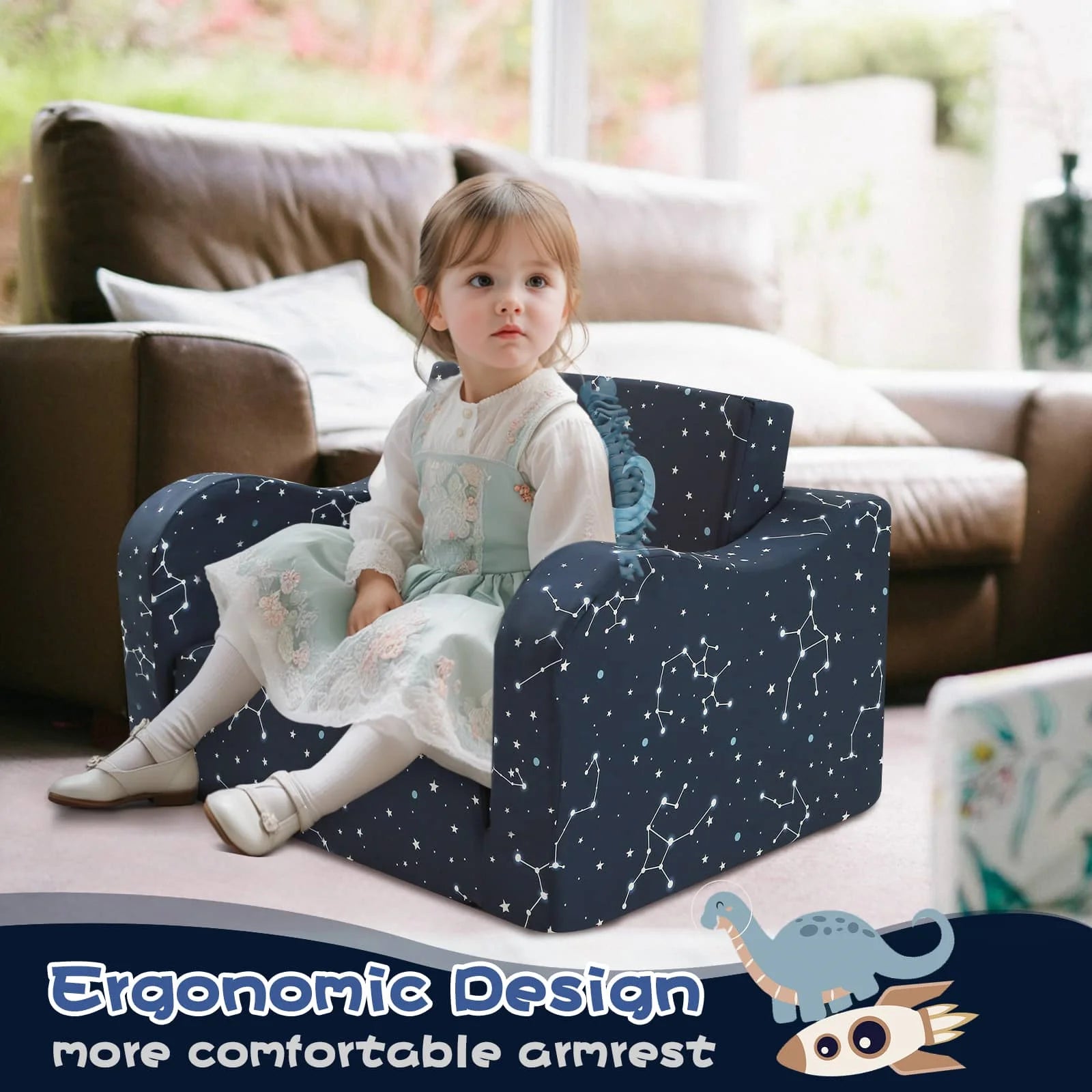 Girl sitting on Glowsofa's children's couch chair with Space Dinosaur patterns with armrests 