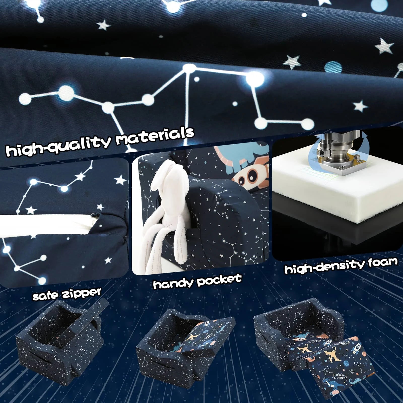 Glowsofa's children's couch chair with Space Dinosaur patterns has sate zipper, handy pocket, high density foam