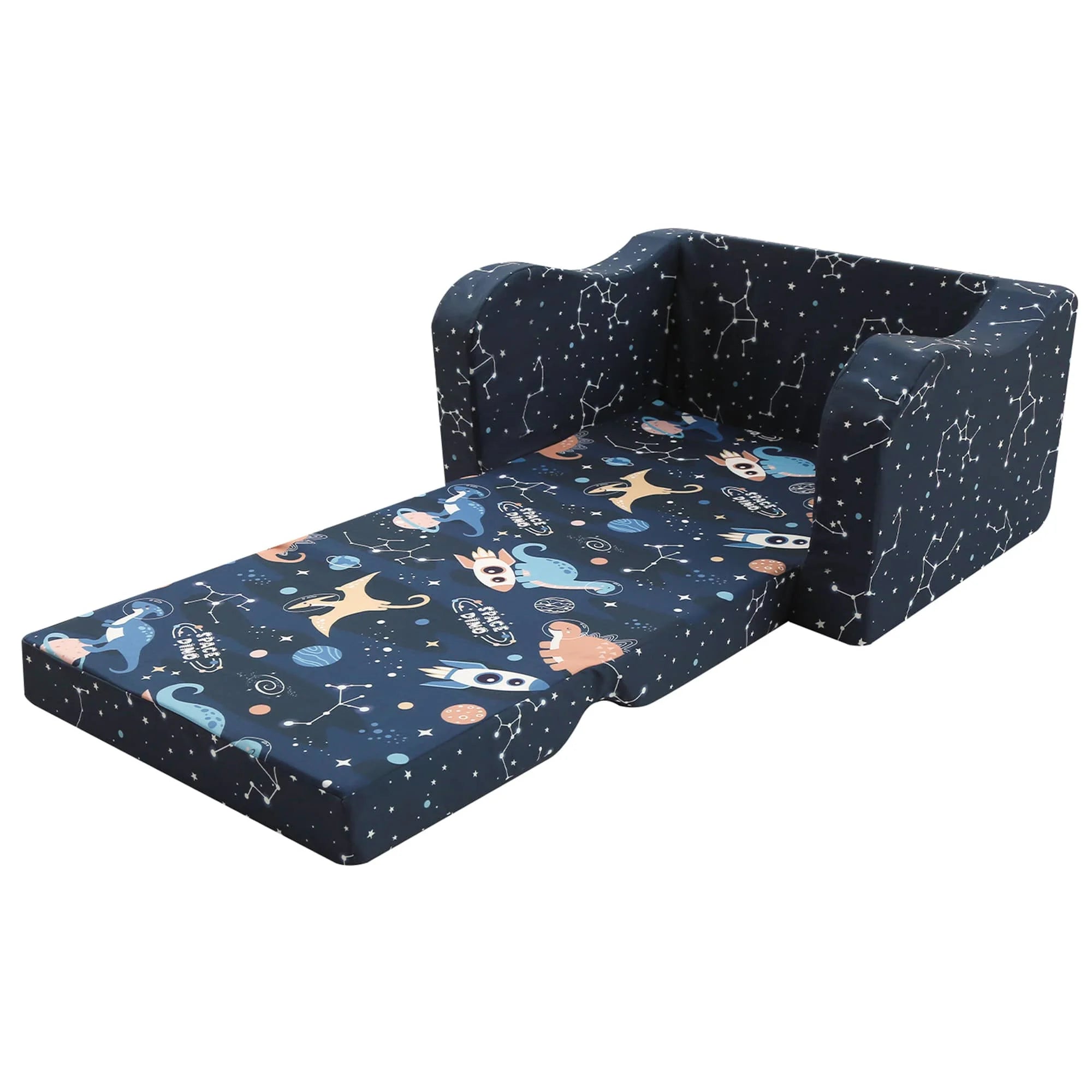 Expanded Glowsofa's Children's fold out sofa with Space Dinosaur patterns