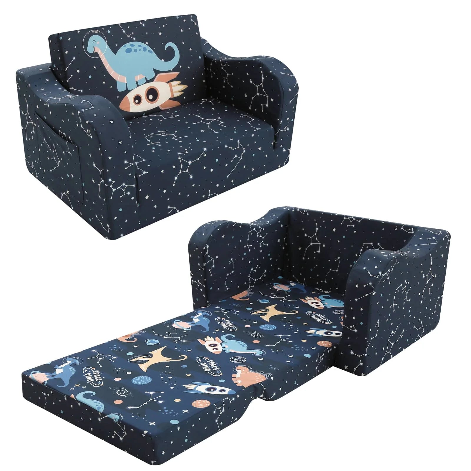 Glowsofa's Children's fold out sofa with Space Dinosaur patterns unfolded and folded under