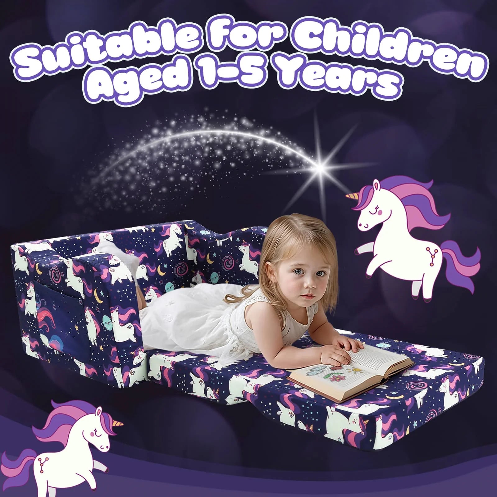 The Glowsofa's fold out chair bed with Unicorn patterns Suitable for 1 to 5 year olds