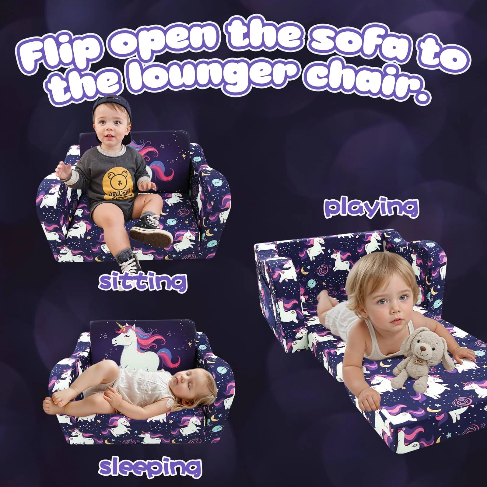 Glowsofa's children's couch chair with Unicorn patterns unfolds to become a lounger chair.