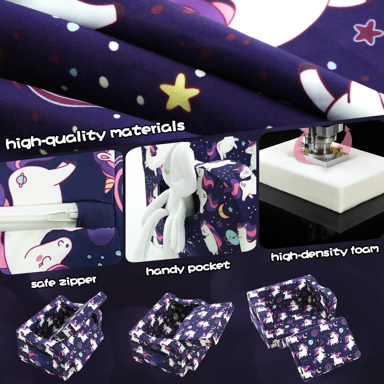 Glowsofa's children's couch chair with Unicorn patterns has sate zipper, handy pocket, high density foam