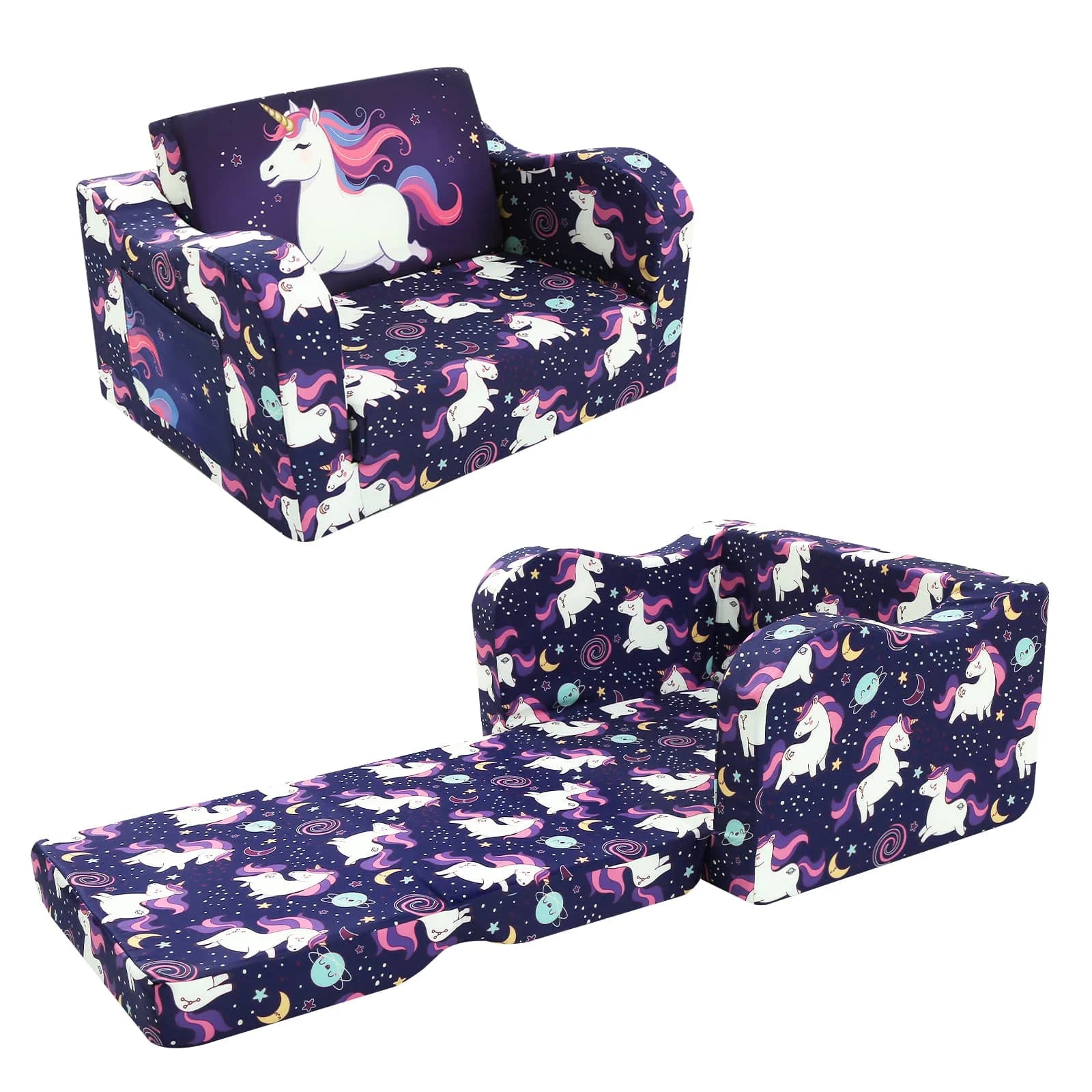 Glowsofa's Children's fold out sofa with Unicorn patterns unfolded and folded under