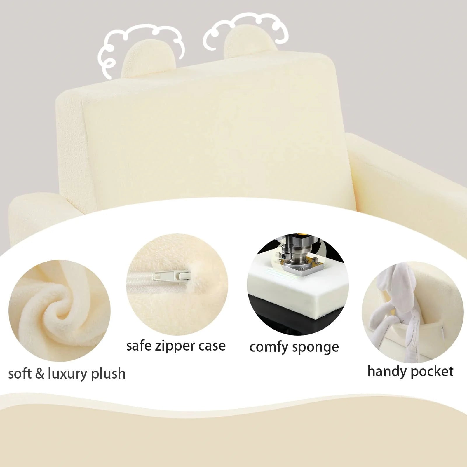 Children's fold out sofa-Beige features soft fabric, secure zipper, cozy foam, and side pockets.