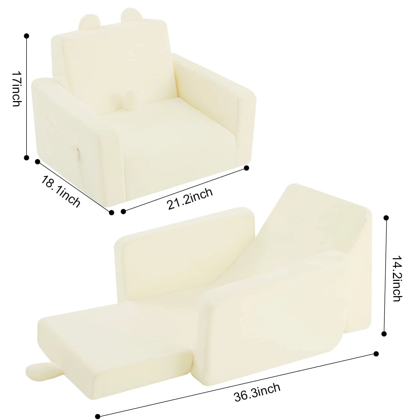 Children's fold out sofa-Beige measures 18.1 “D x 21.2 ‘W x 17 ’H