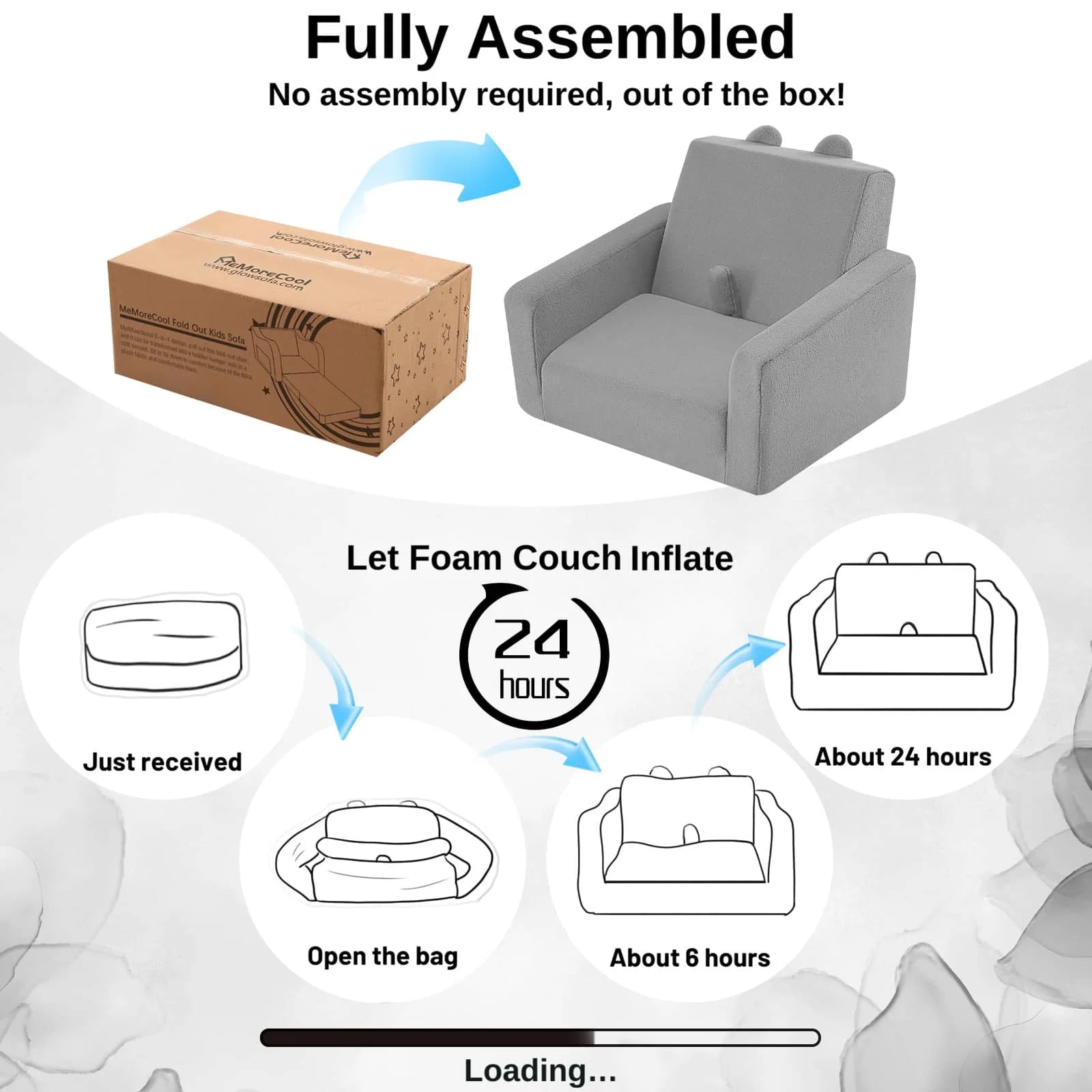 Children's fold out sofa-Grey requires no assembly and can be left open for up to 24 hours to return to its optimal condition.