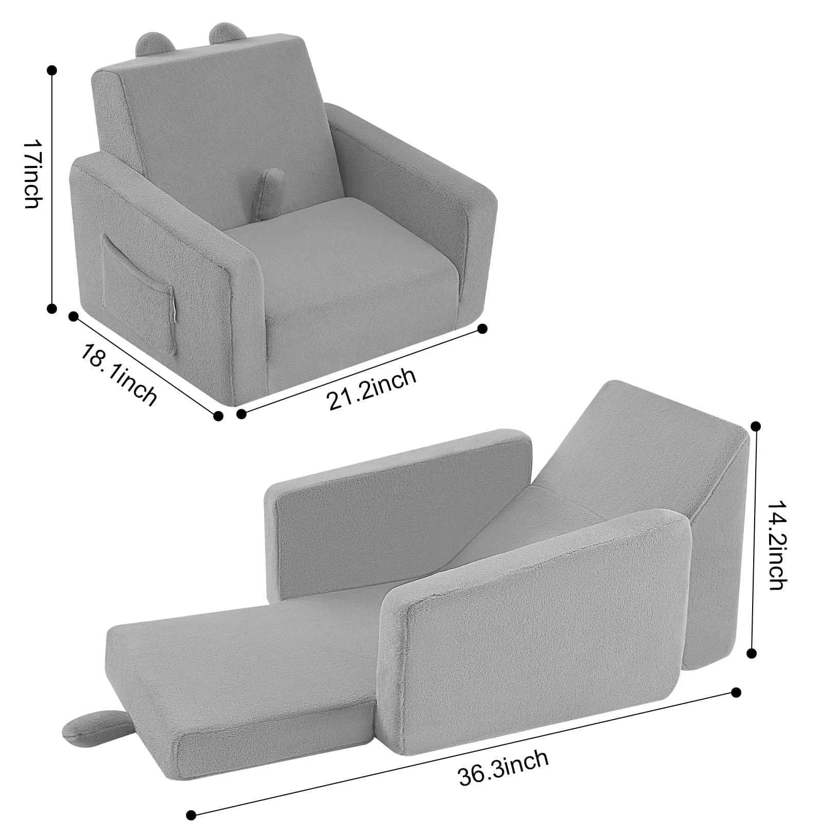 Children's fold out sofa-Grey measures 18.1 “D x 21.2 ‘W x 17 ’H