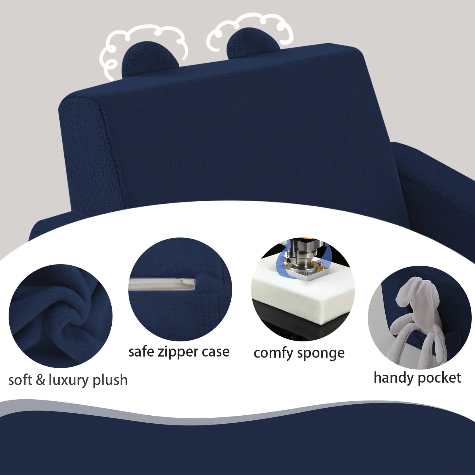 Children's fold out sofa-Navy features soft fabric, secure zipper, cozy foam, and side pockets.