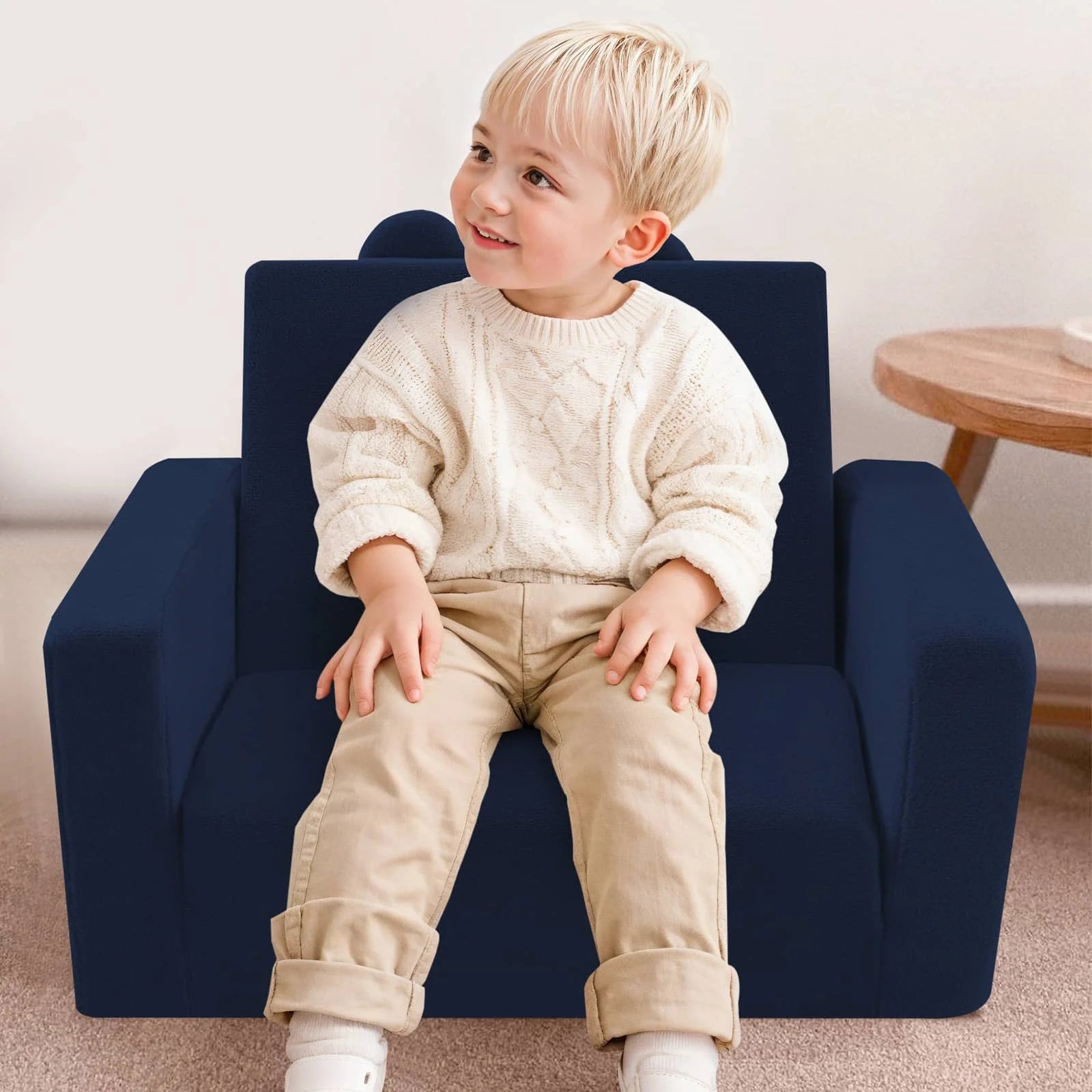 Boy sitting in Children's fold out sofa-Navy
