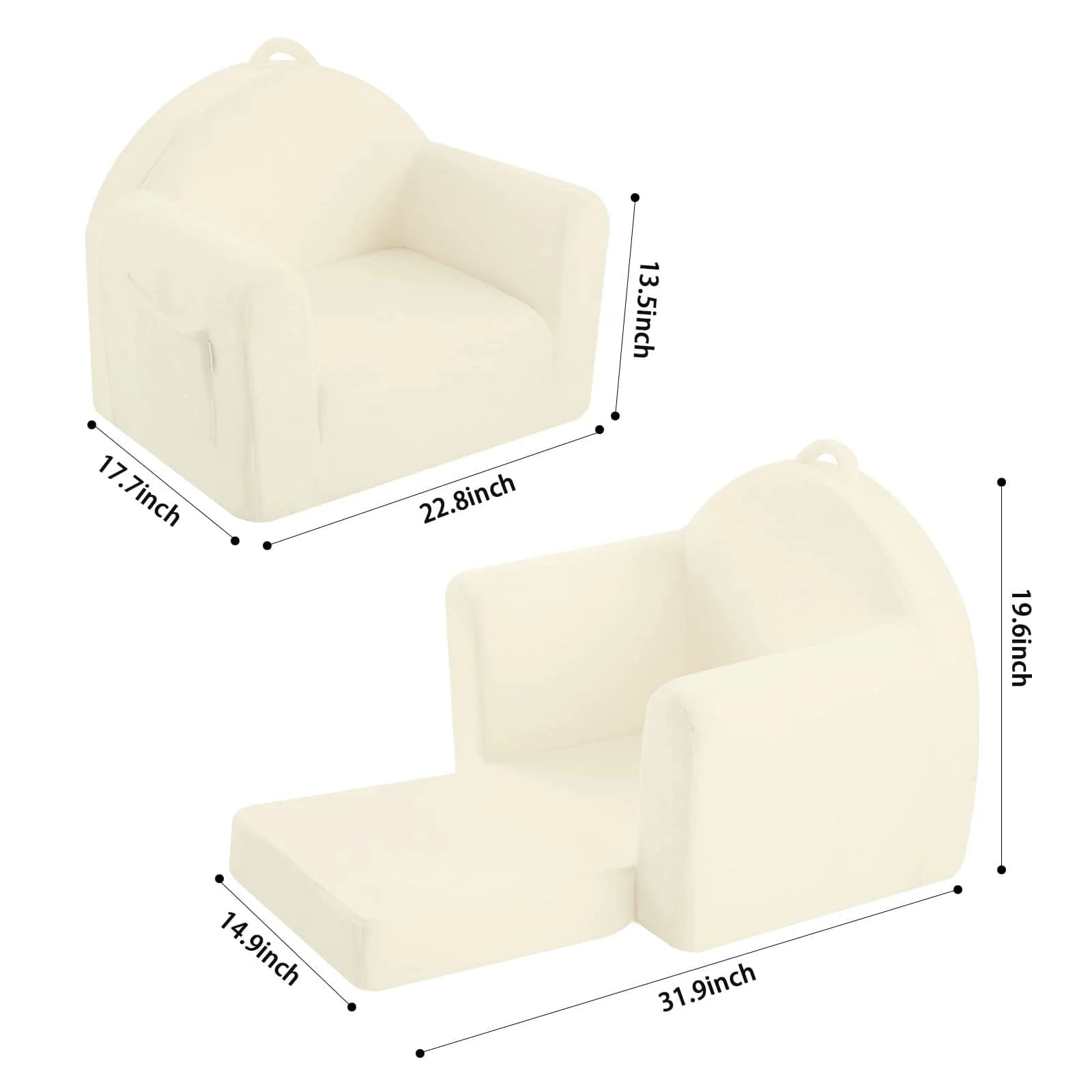 Dimensions of the Glowsofa Kids Fold Out Couch-Beige: 17.7 “D x 22.8 ‘W x 19.6 ’H