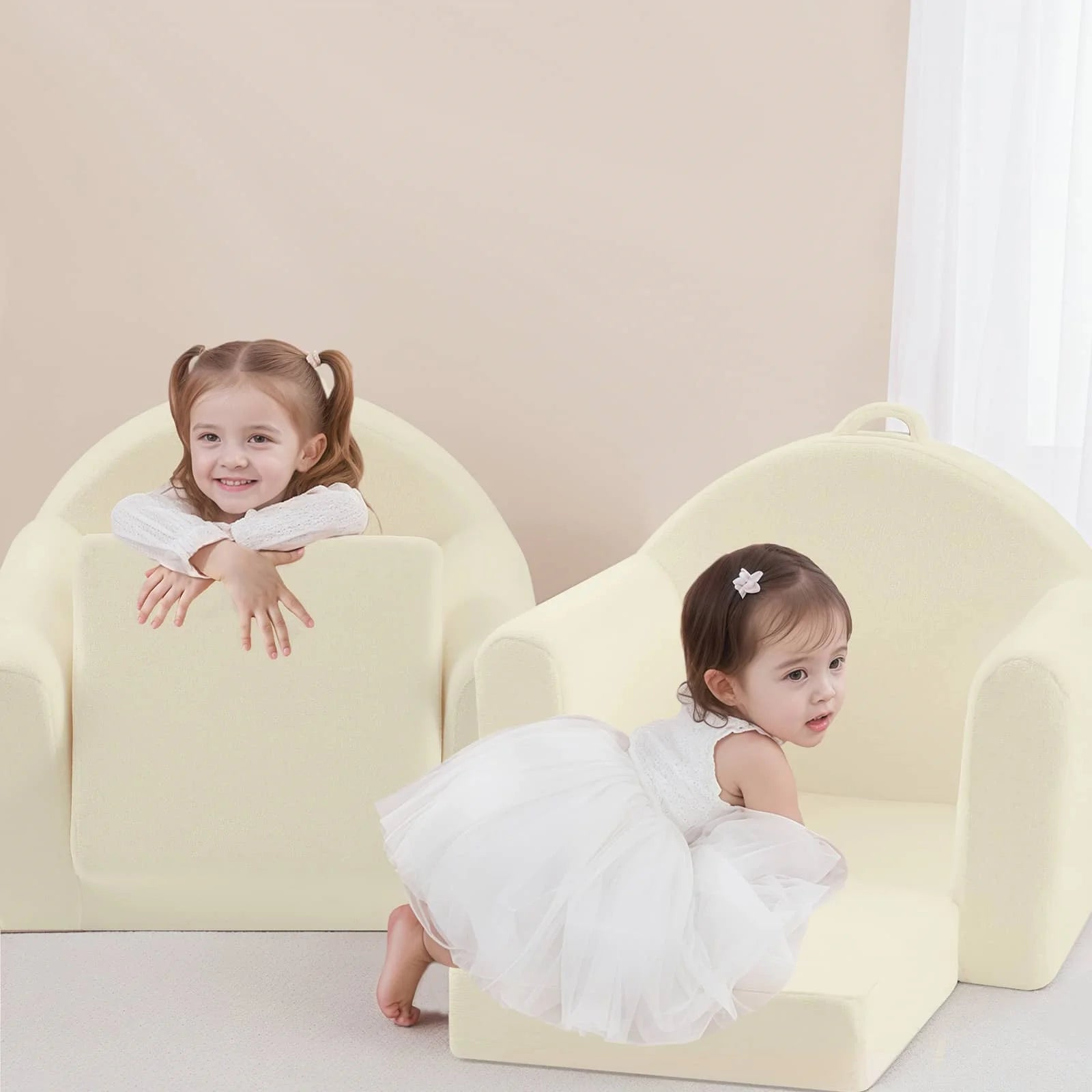 Glowsofa Kids Fold Out Couch-Beige Comes with Carrying Handle