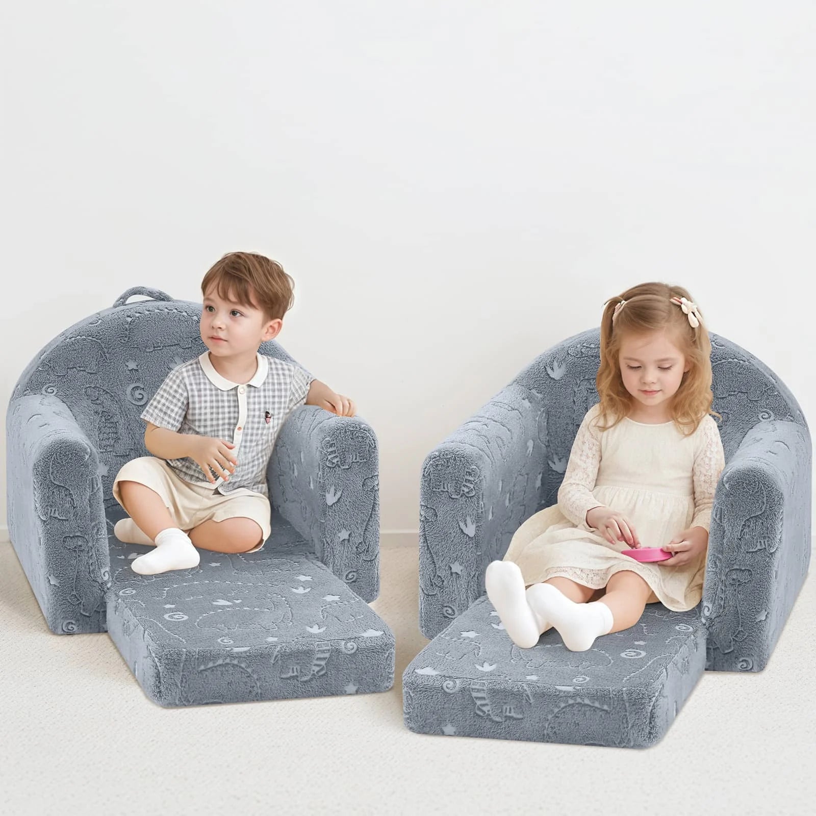 Girl and boy Sitting Glowsofa Kids Fold Out Couch-dino