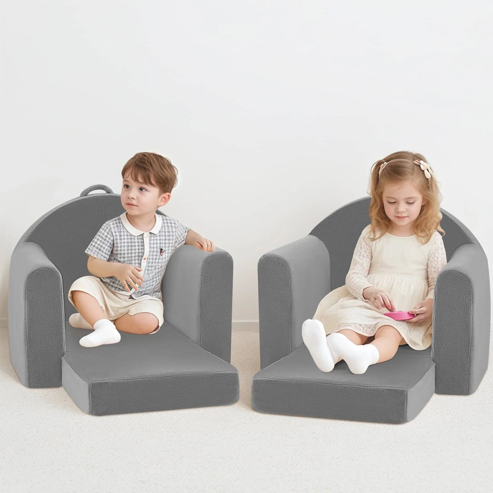 Girl and boy Sitting Glowsofa Kids Fold Out Couch-Grey