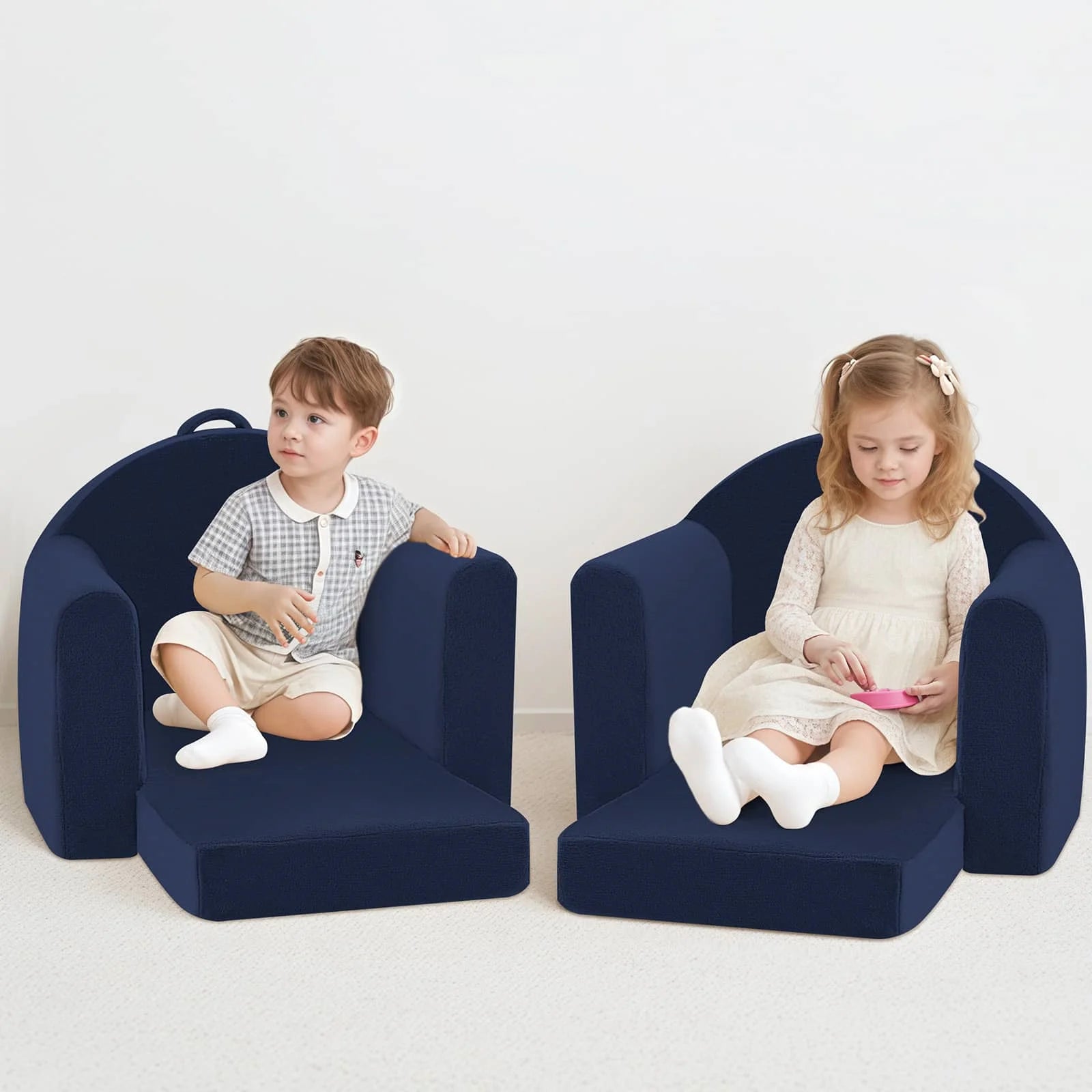 Girl and boy Sitting Glowsofa Kids Fold Out Couch-Navy Blue