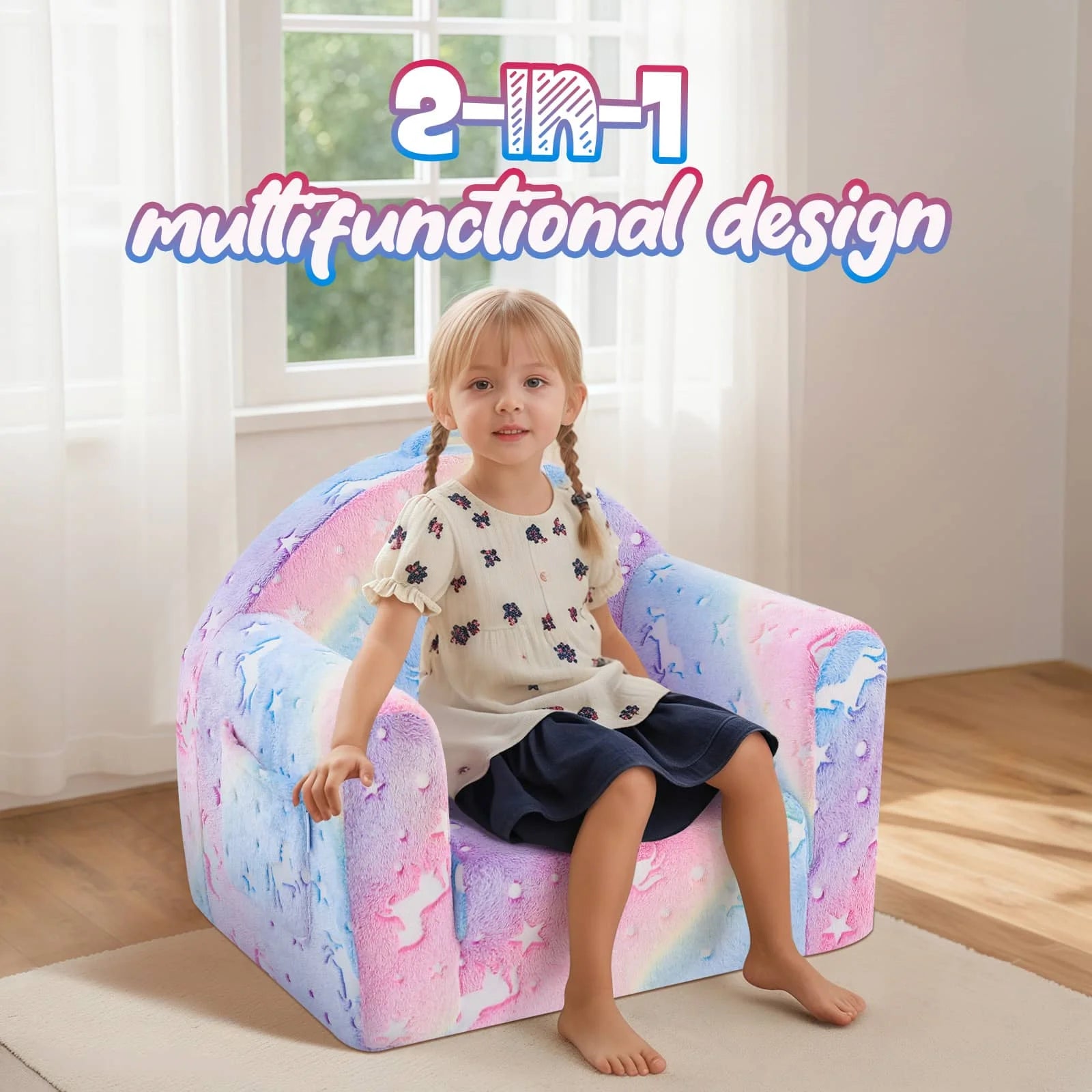 Glowsofa Kids Fold Out Couch-Rainbow 2-in-1 Designs