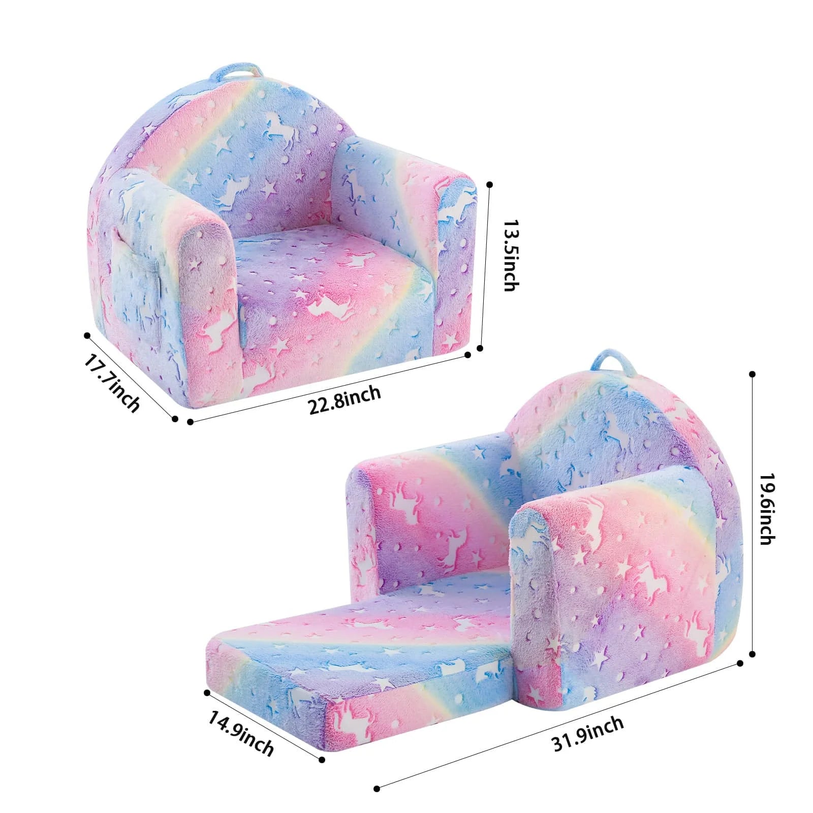Dimensions of the Glowsofa Kids Fold Out Couch-Rainbow: 17.7 “D x 22.8 ‘W x 19.6 ’H