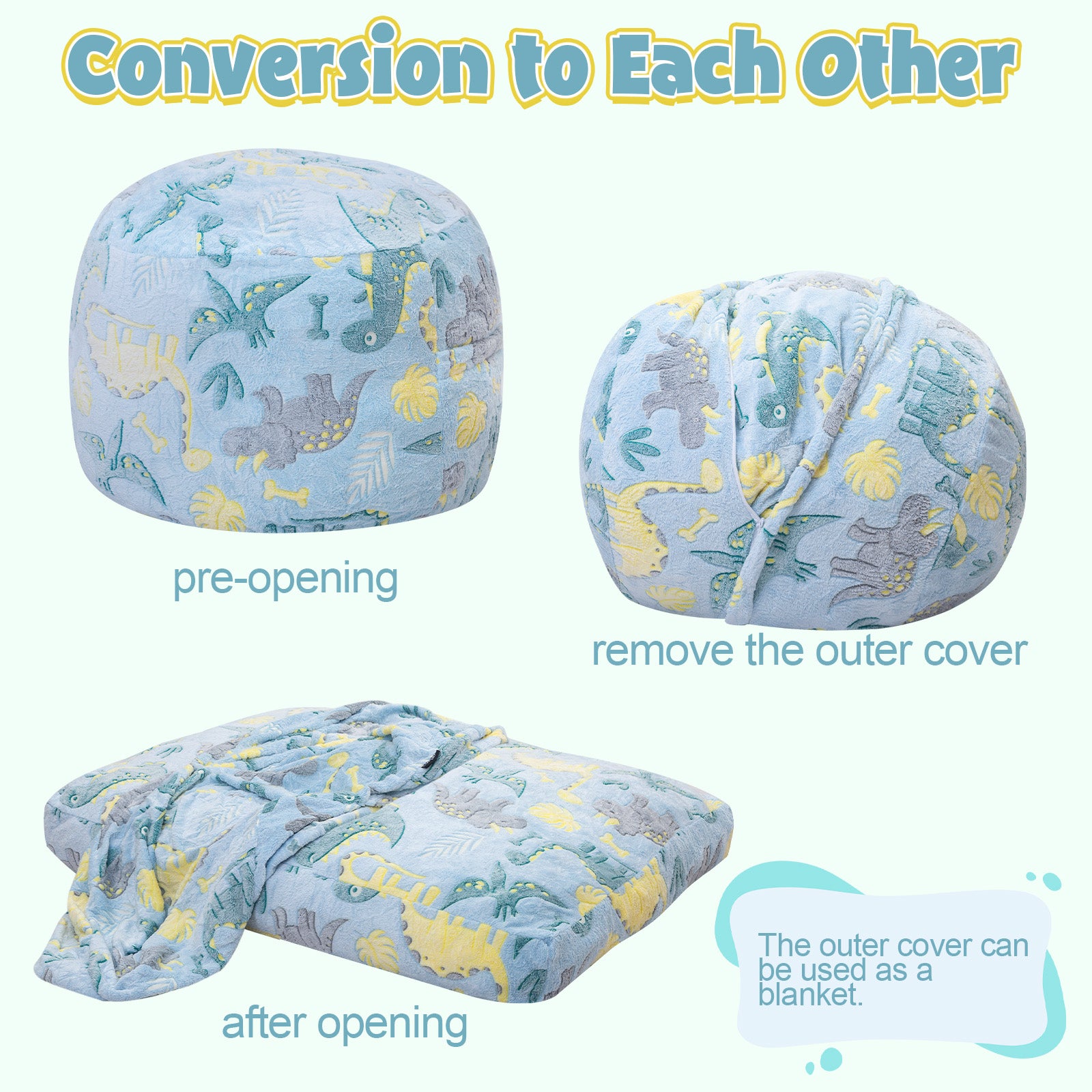 Comax's Blue Dinosaurs Bean Bag Chair for kids The steps to turn into a Bean Bag bed are simply to open the cover!