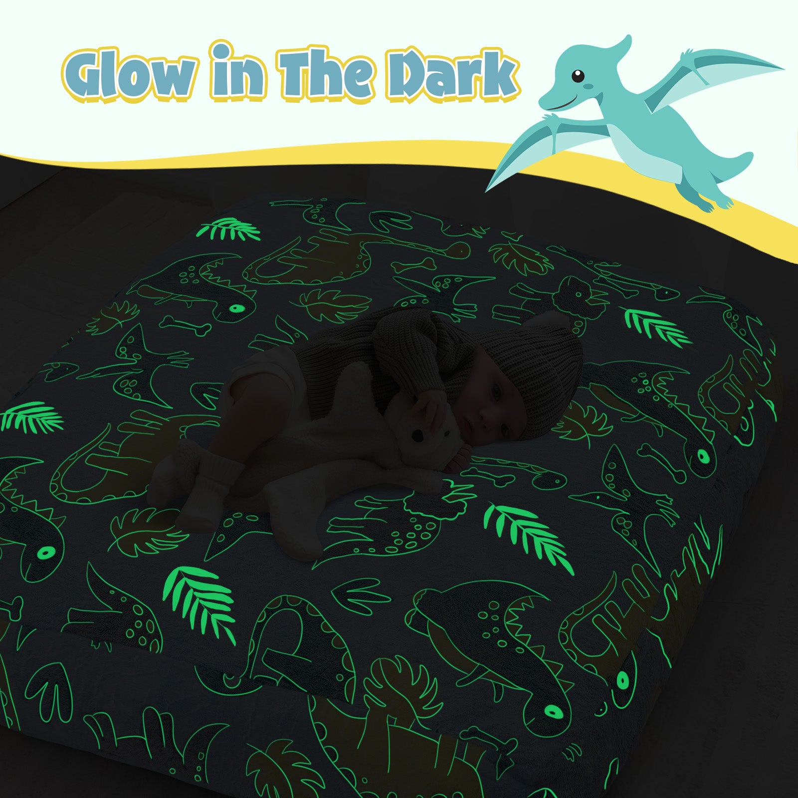 Night time kids lying in Comax's Blue Dinosaurs Bean bed for kids
