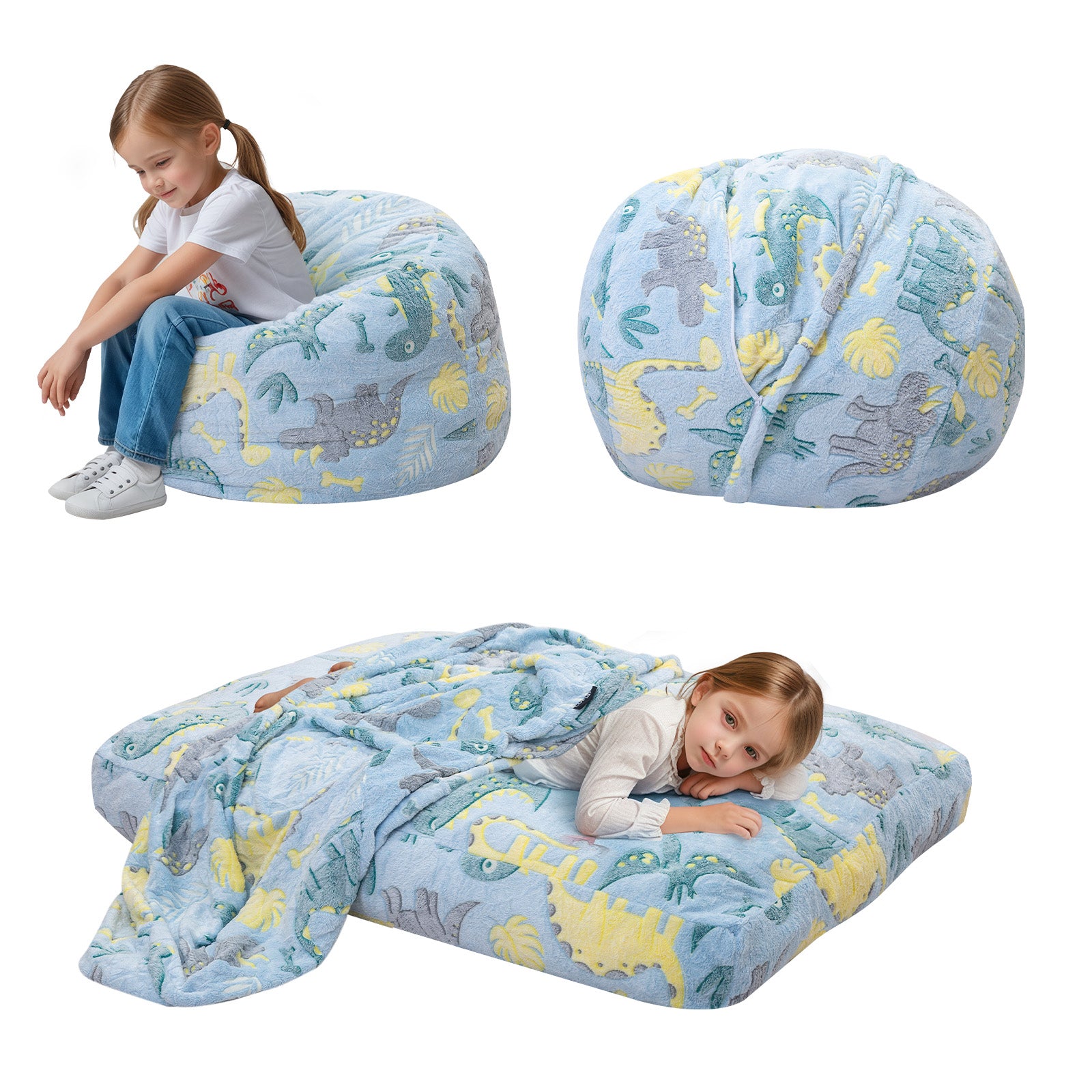 Comax's Blue Dinosaurs Bean Bag Chair for kids with it unfolds into a Bean Bag bed display