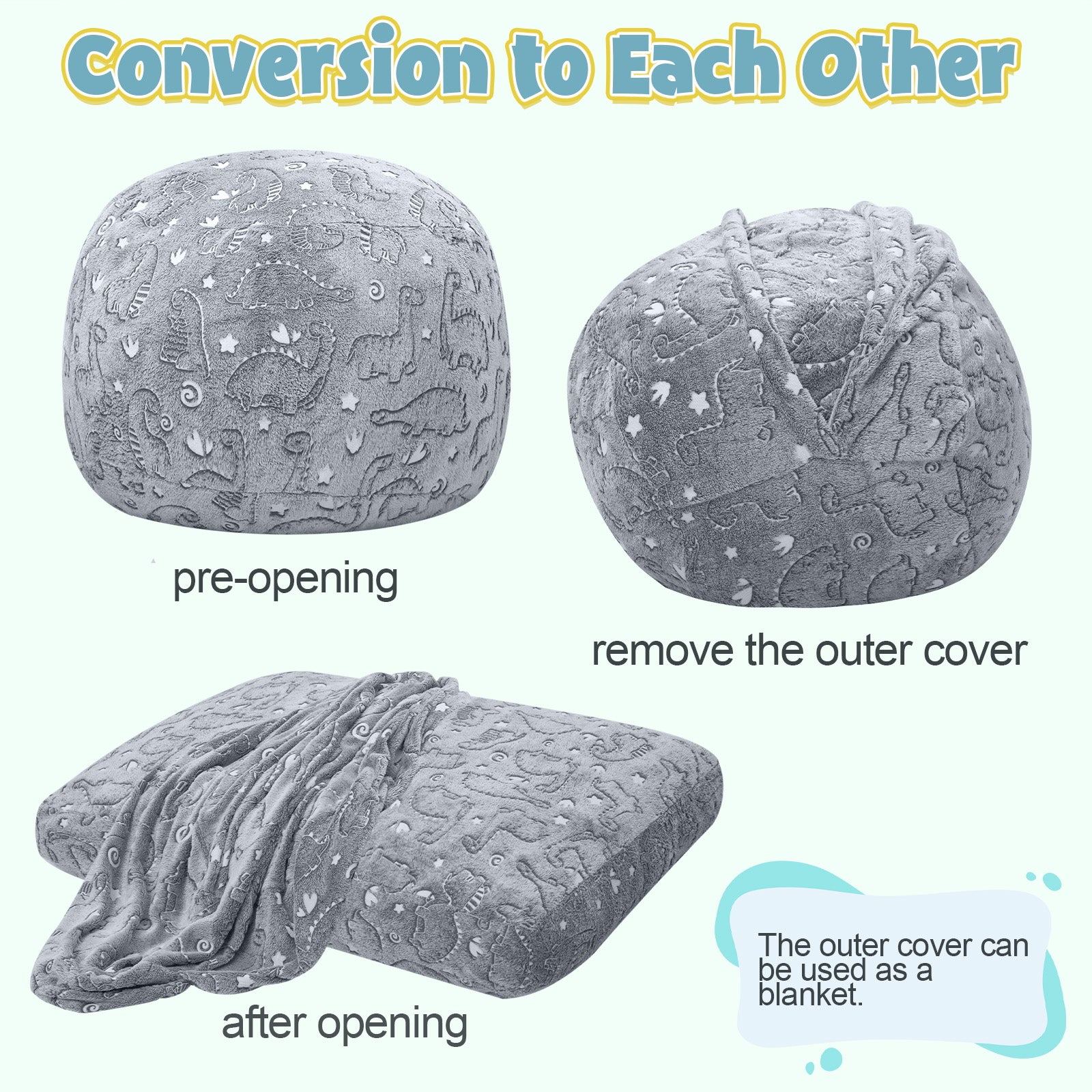 Comax's Glowing Dinosaurs Bean Bag Chair for kids The steps to turn into a Bean Bag bed are simply to open the cover!