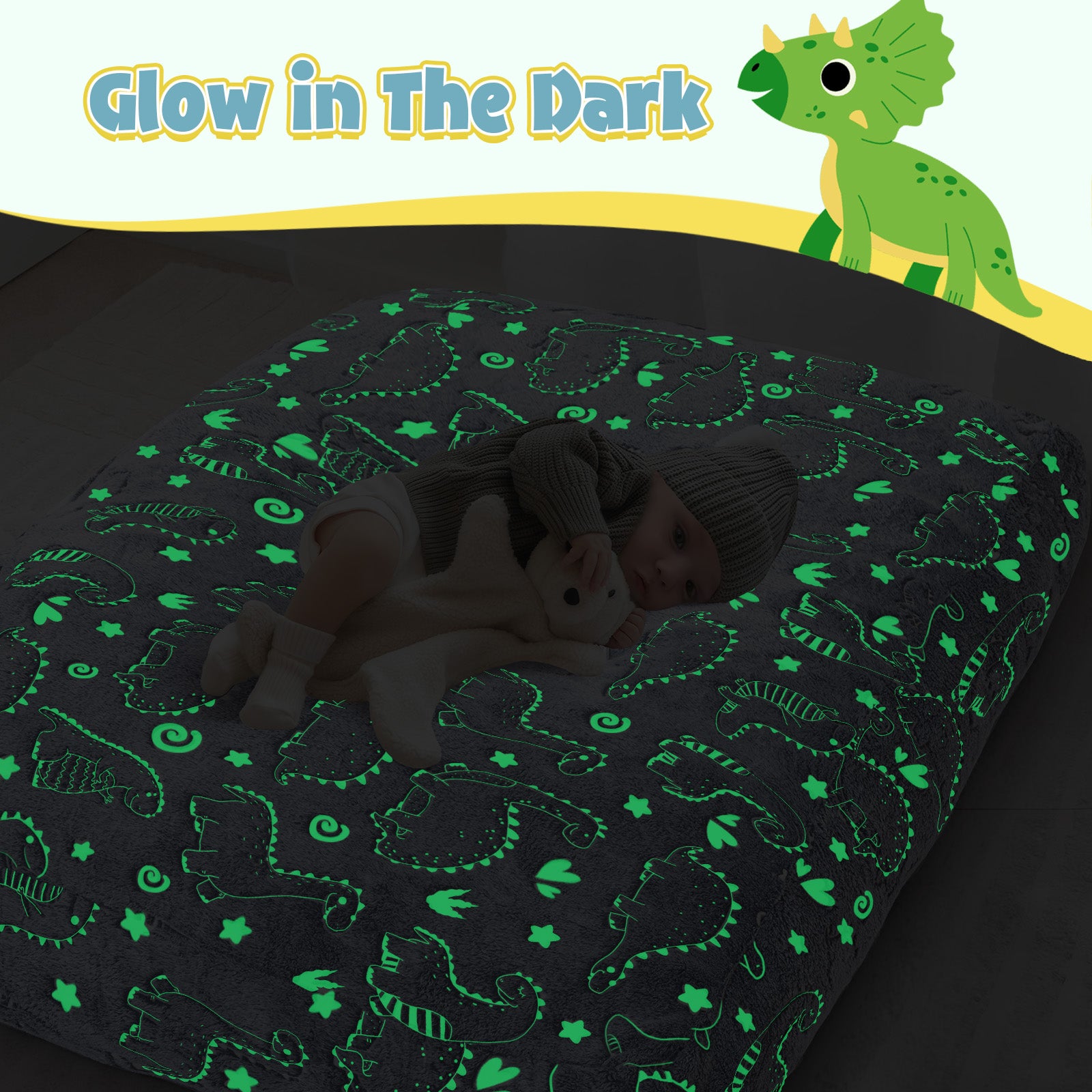Night time kids lying in Comax's Glowing Dinosaurs Bean bed for kids