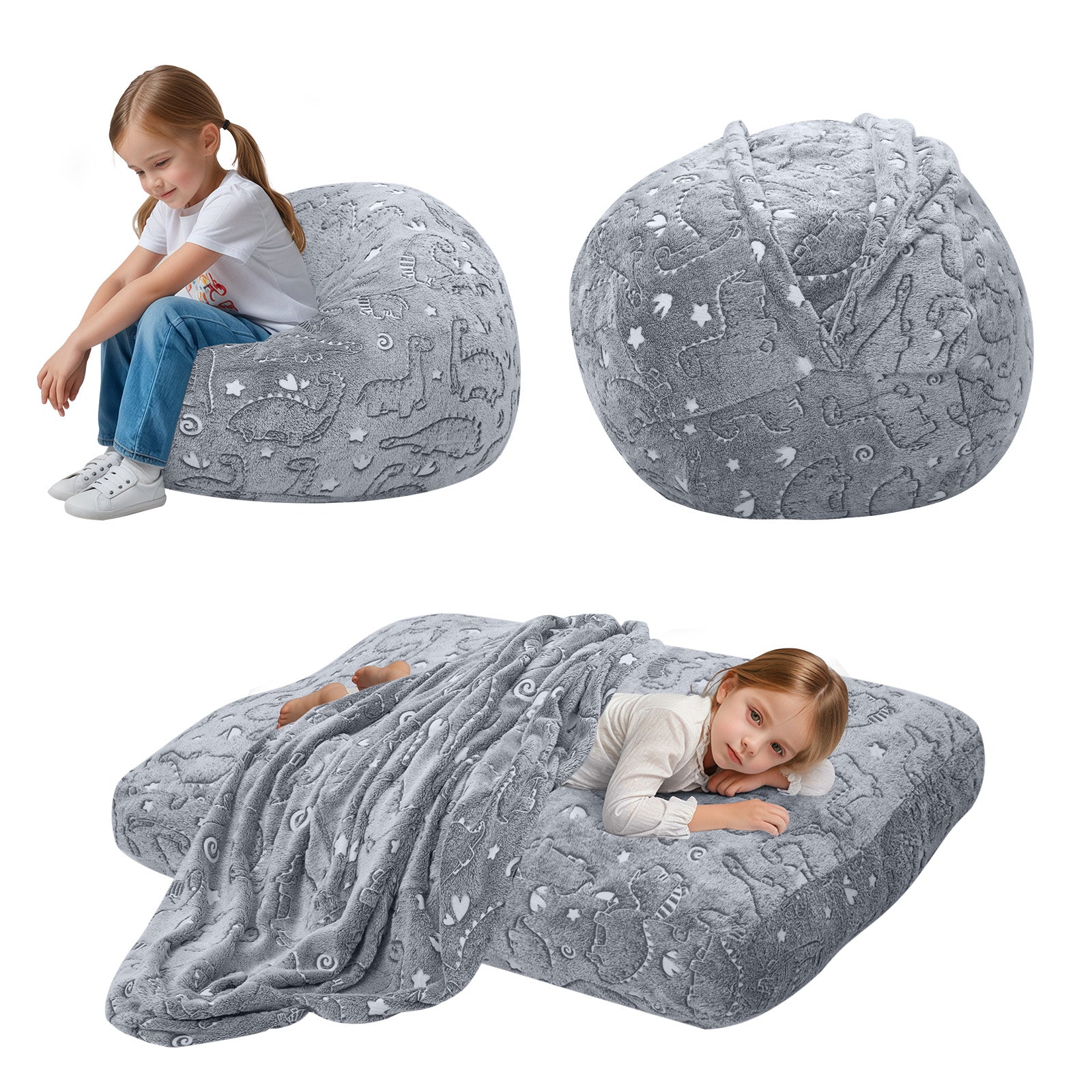 Comax's Glowing Dinosaurs Bean Bag Chair for kids with it unfolds into a Bean Bag bed display