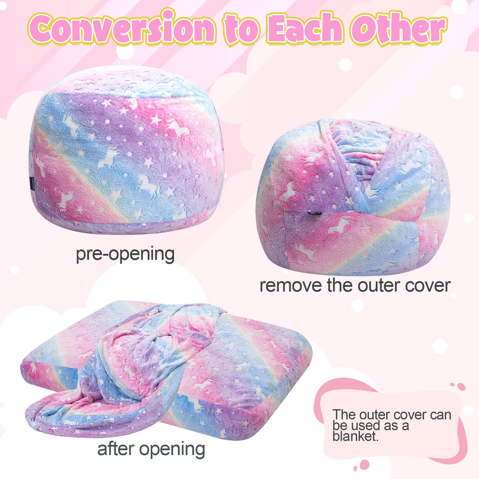 Comax's Bule Dinosaur Bean Bag Chair for kids The steps to turn into a Bean Bag bed are simply to open the cover!