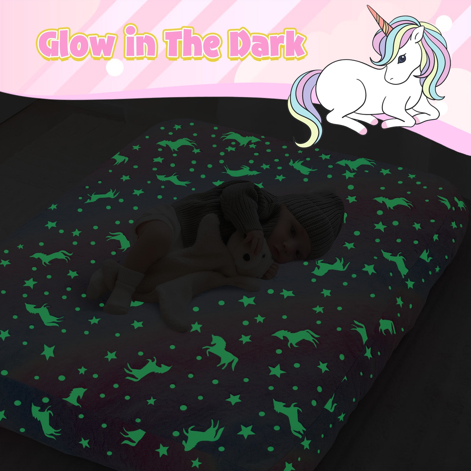 Night time kids lying in Comax's Glowing Rainbow Bean bed for kids