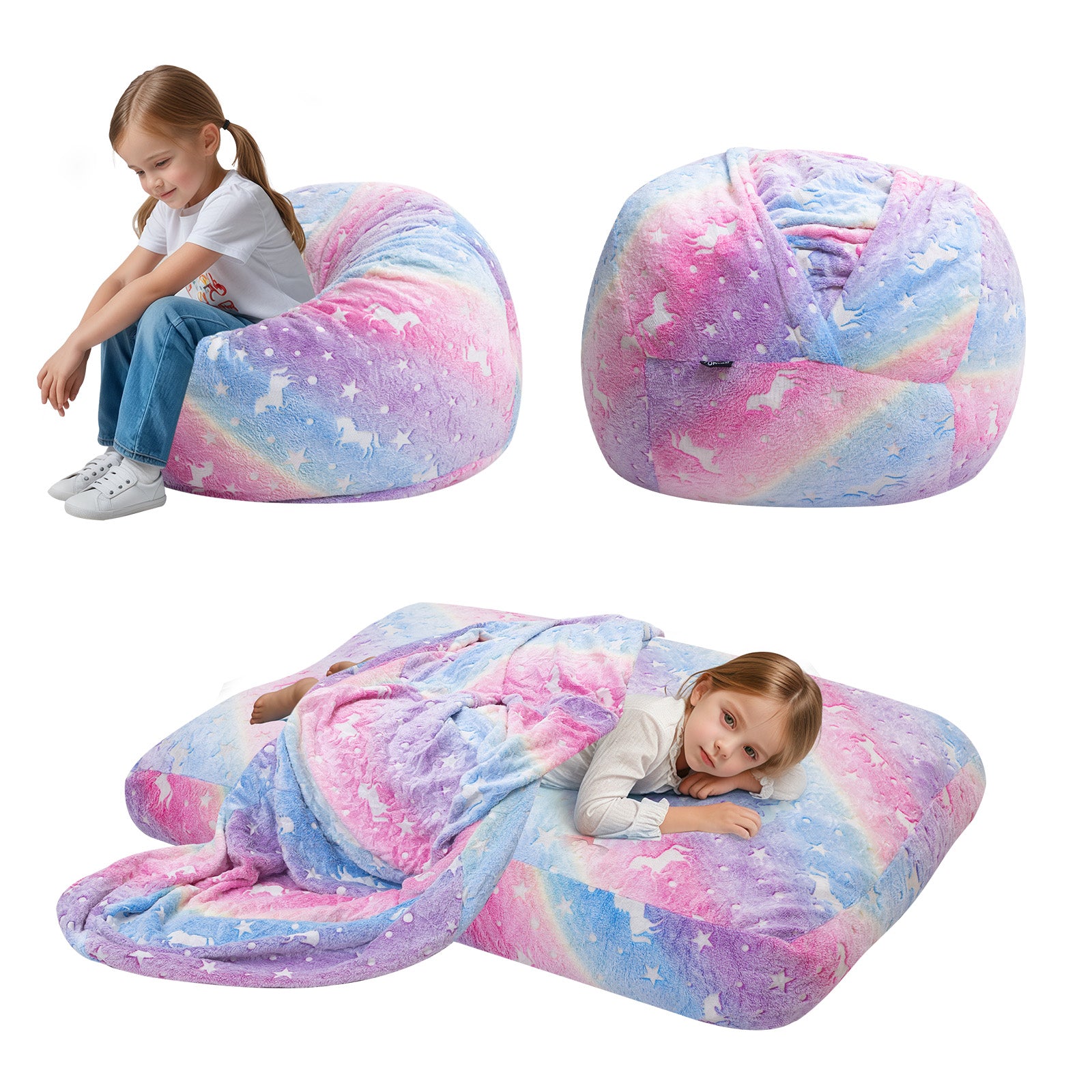 Comax's Glowing Rainbow Bean Bag Chair for kids with it unfolds into a Bean Bag bed display