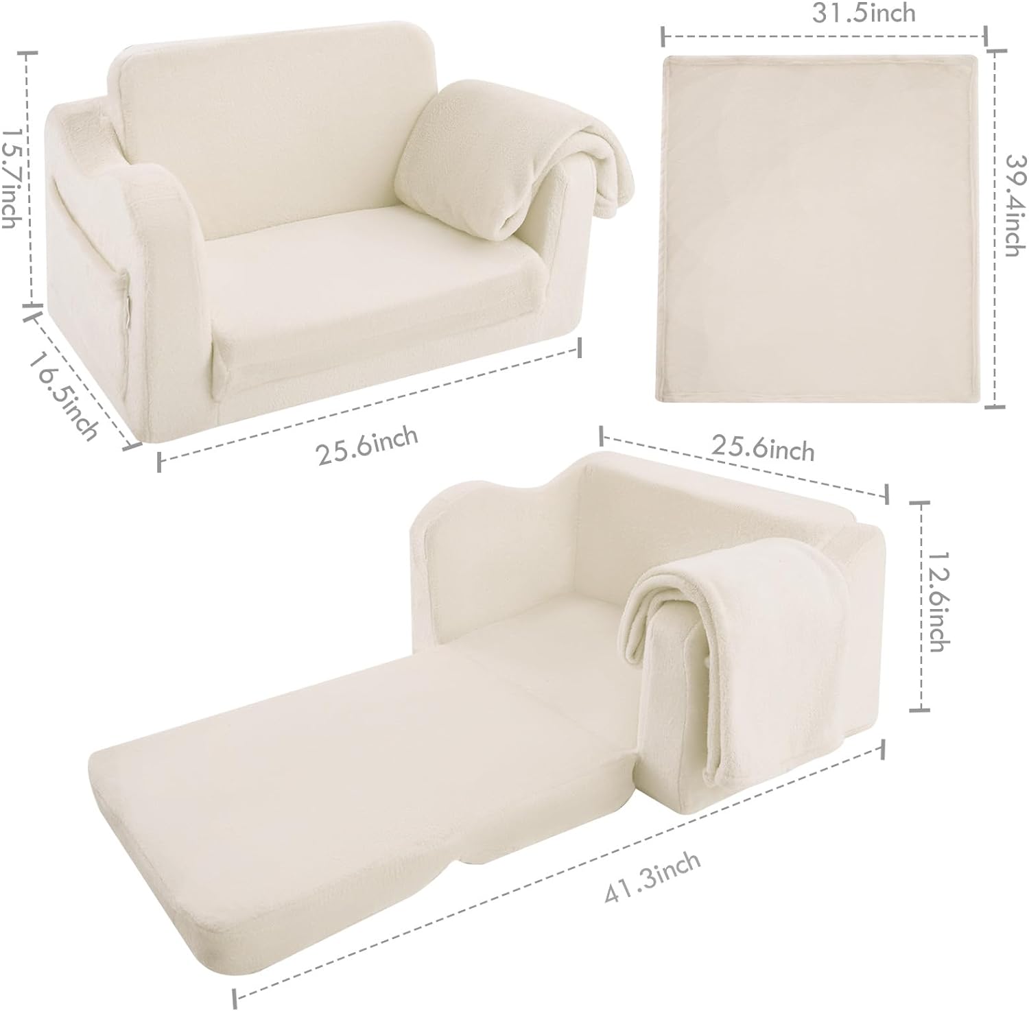 Glowsofa's Cream Children's Fold Out Sofa has a Seat Depth of 13 inches, a Seat Height of 11.5 Inches, and Product Dimensions of 16.5 “D x 25.6 ‘W x 15.7 ’H!