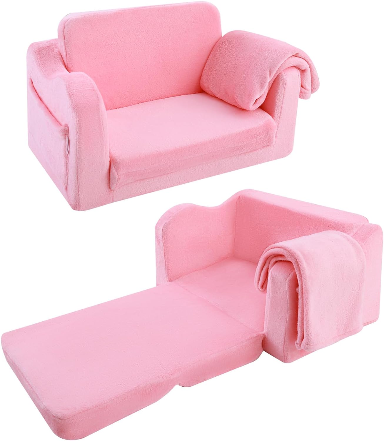 Glowsofa's Pink Children's Fold Out Sofa with Blanket Folded and Unfolded Status